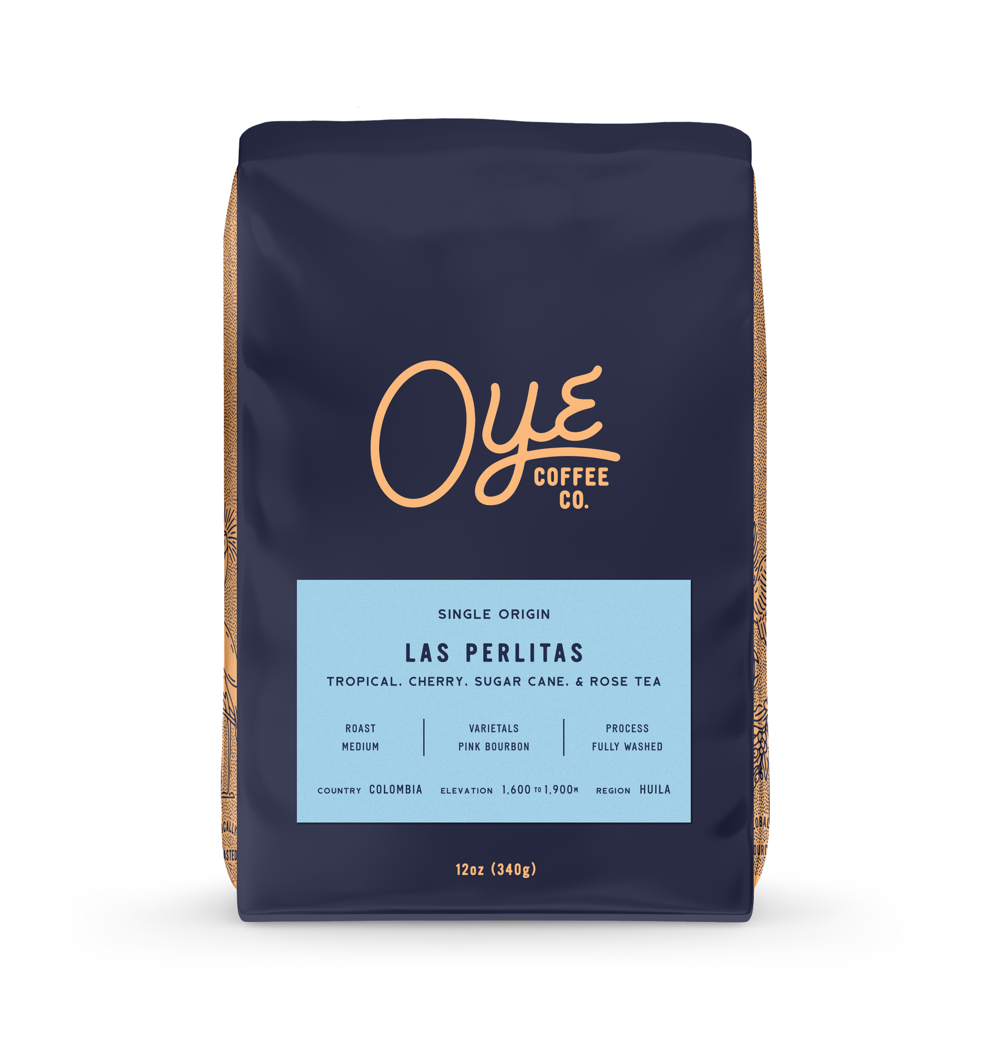 Oye Coffee Co. coffee bag with 'Las Perlas' flavor description on a white background