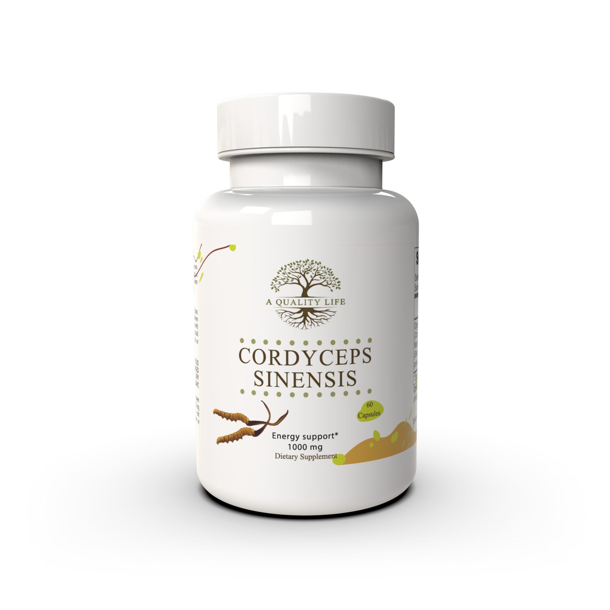 Supplement bottle labeled 'Cordyceps Sinensis' on a white background