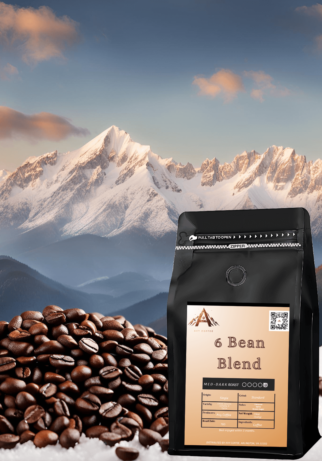 Coffee package with '6 Bean Blend' label against a mountainous landscape