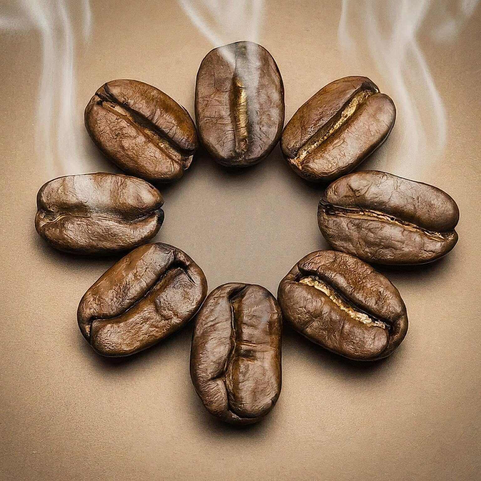 Roasted coffee beans arranged in a circular pattern on a beige background