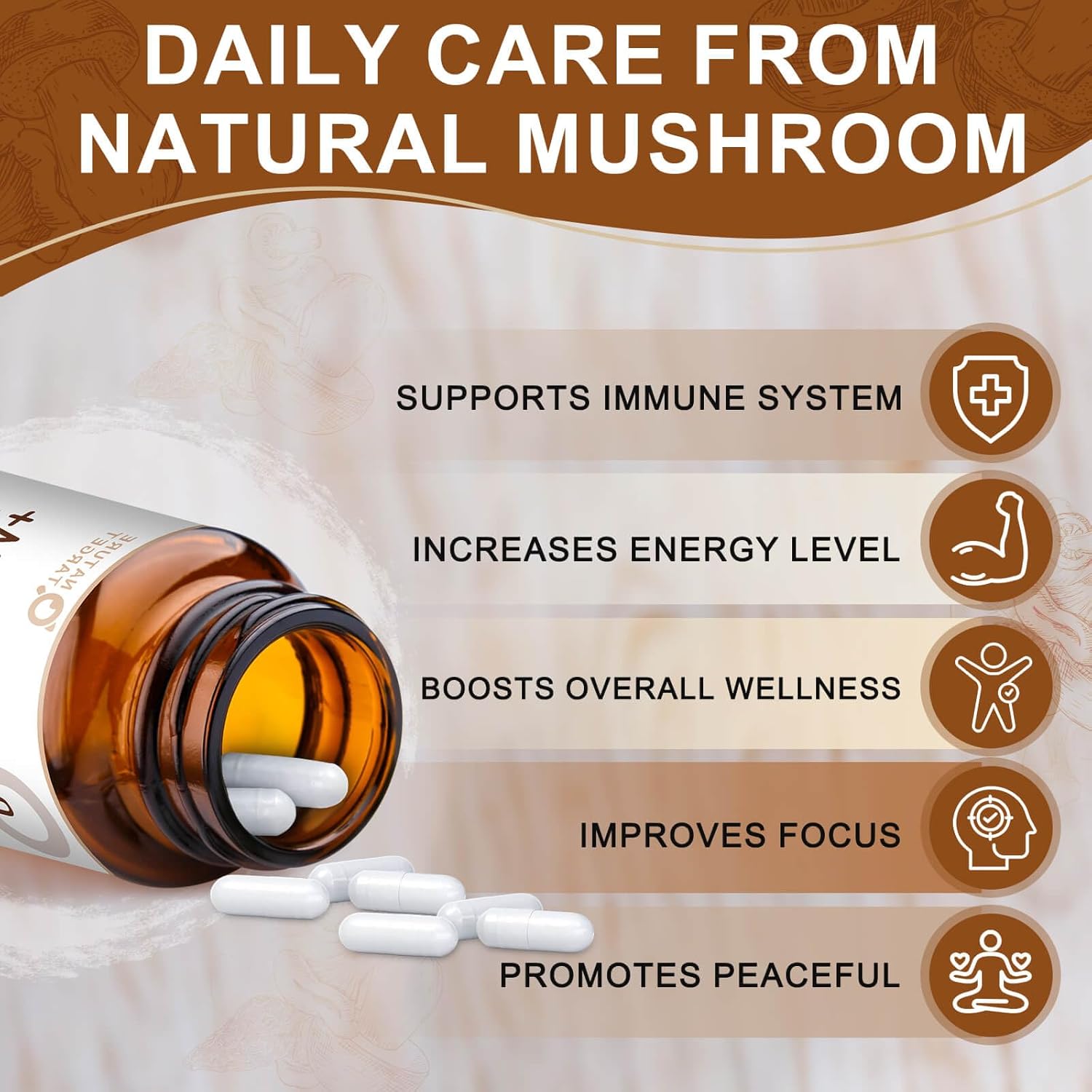 Vitamins with a bottle on a light brown background, featuring text about daily care from natural mushrooms.
