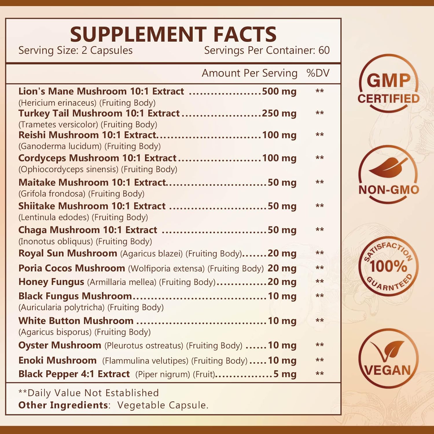 Supplement facts label with various mushroom extracts and certification logos on a beige background