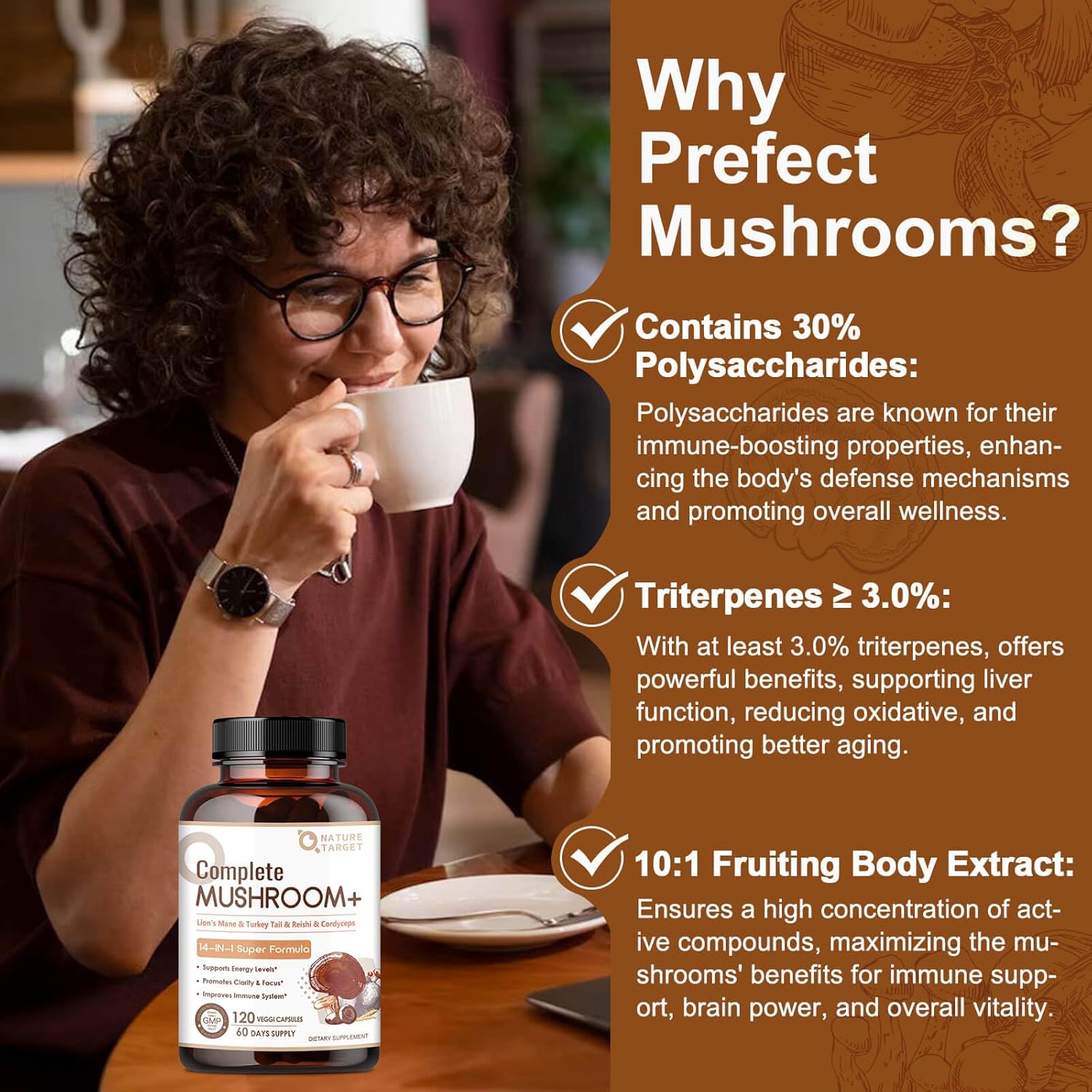 Person drinking coffee with a bottle of Complete Mushroom+ supplement in front of them, set against a brown background with text about mushroom benefits.
