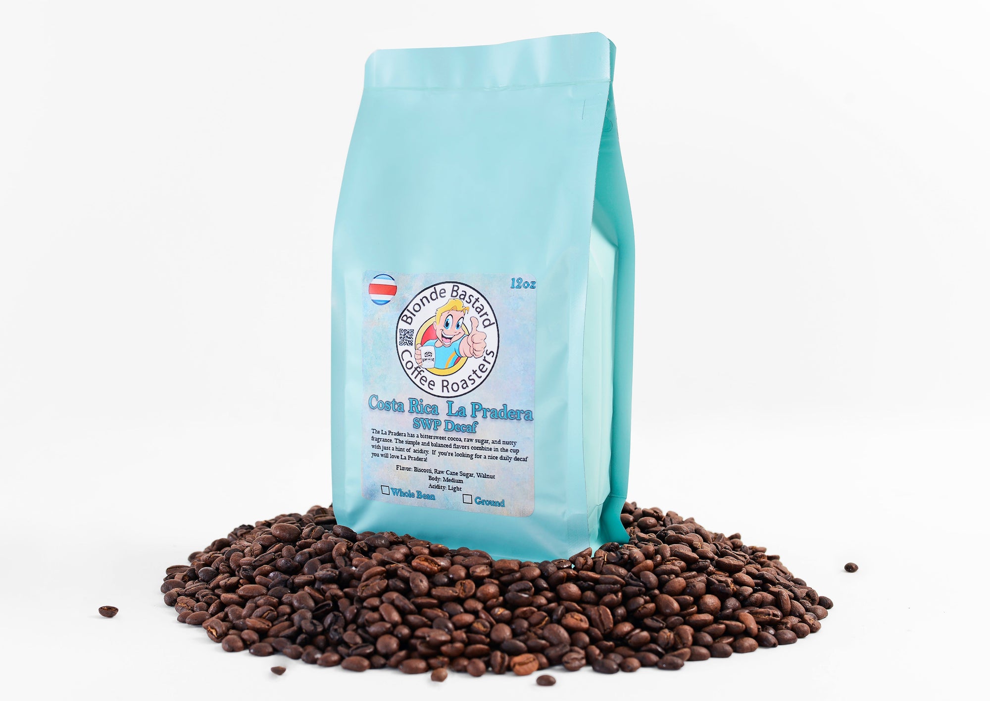 Turquoise coffee bag with brand logo on a white background