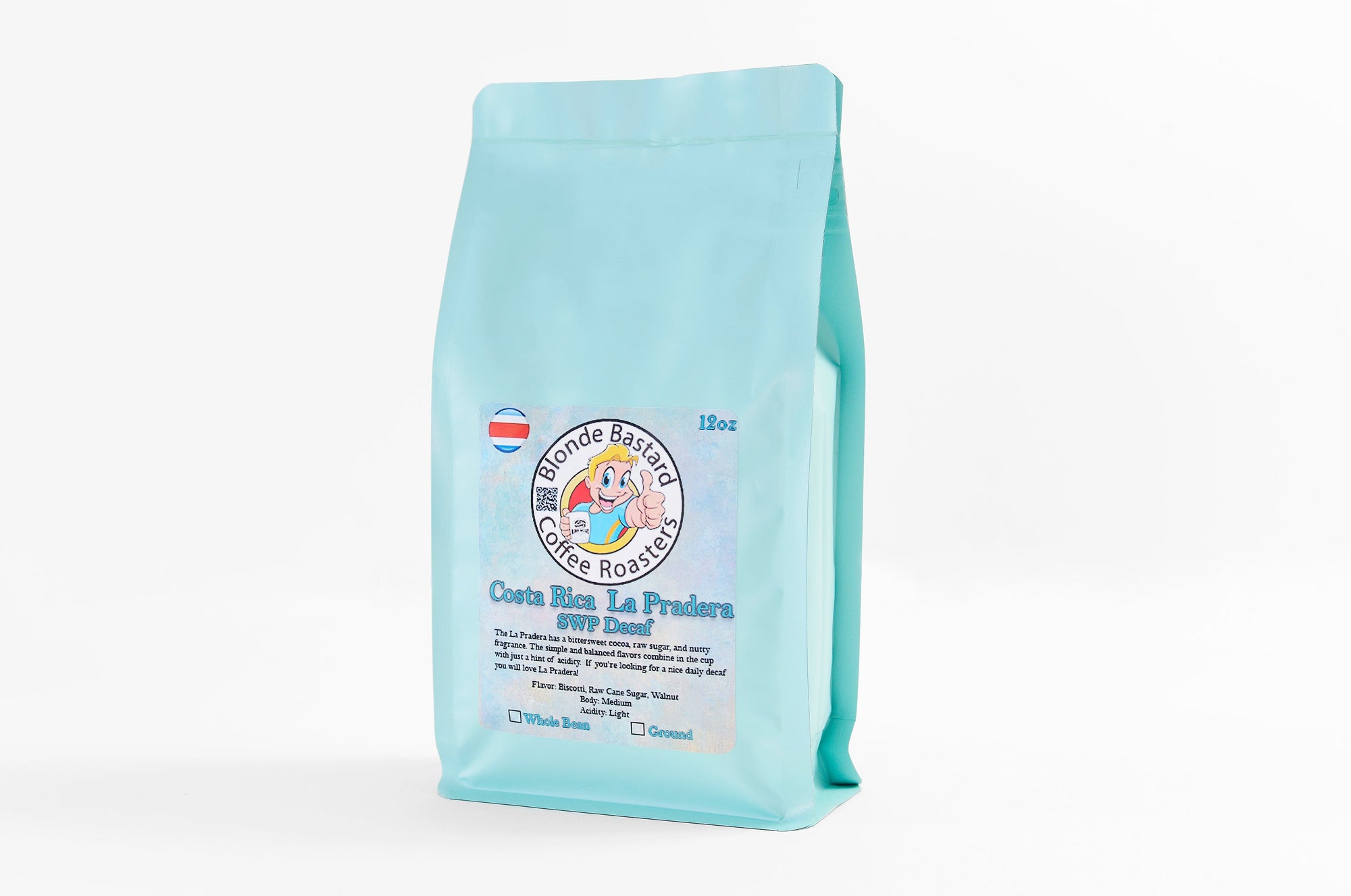 Light blue coffee bag with brand logo on a white background