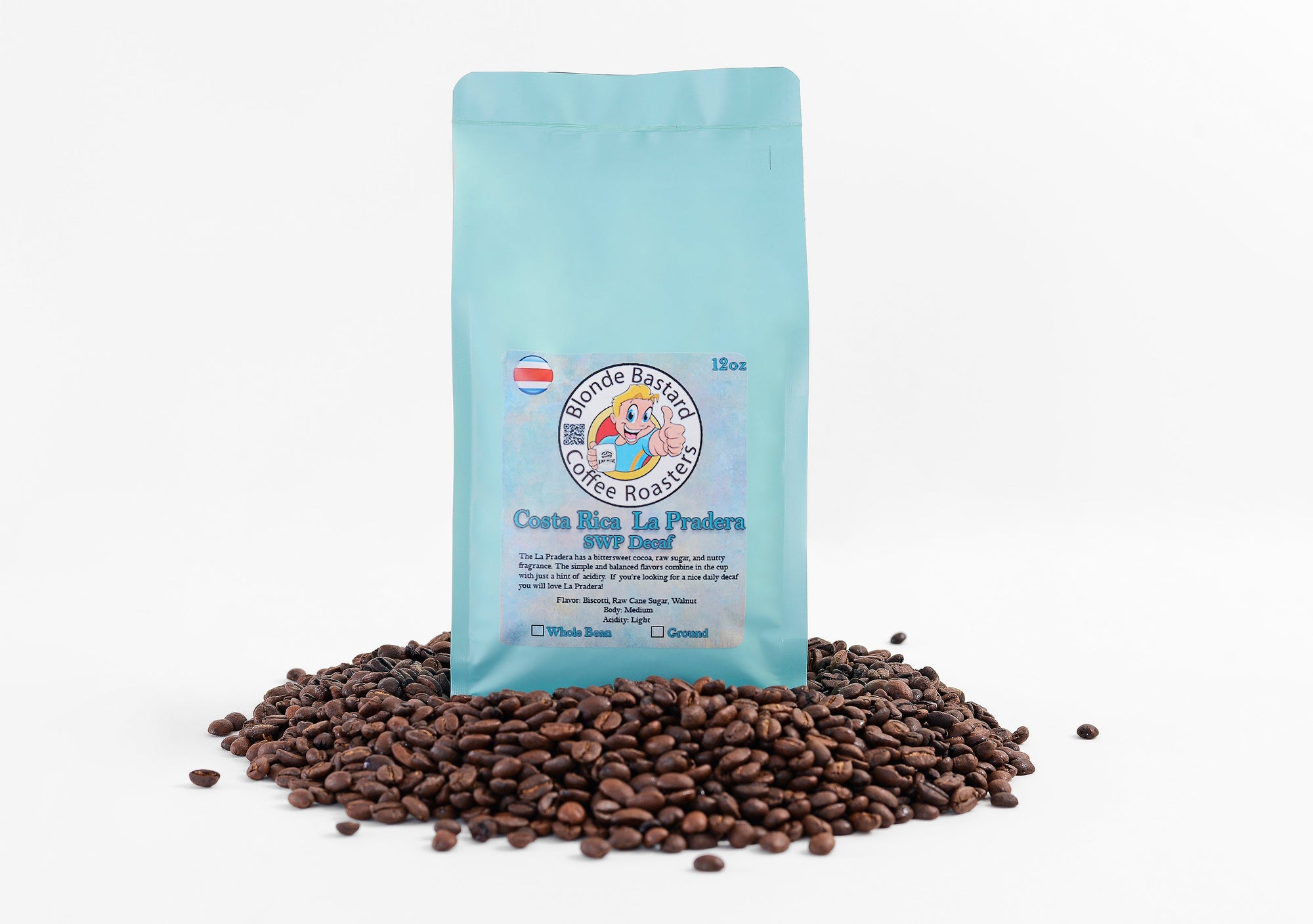 Blue coffee bag with branding on a white background