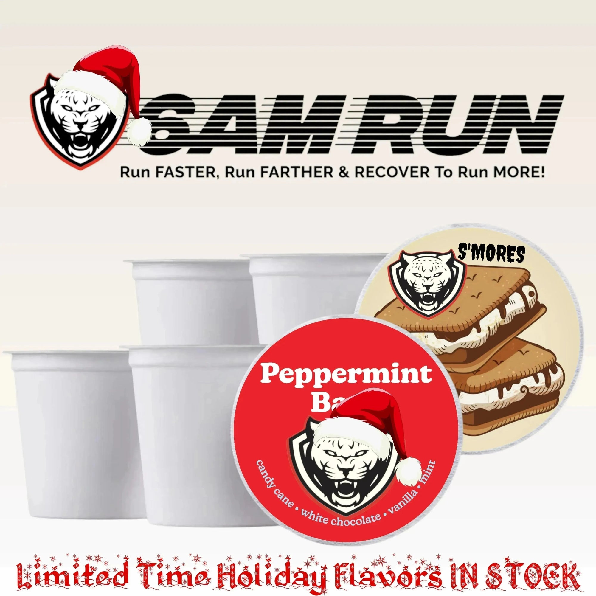 SAM RUN product with Peppermint Bark flavor label and S'mores illustration on a white background