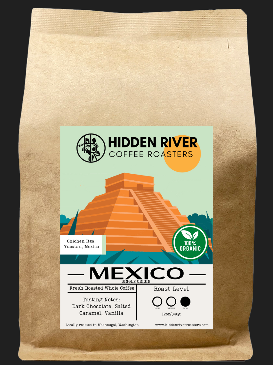 Coffee bag with Hidden River Coffee Roasters label featuring a pyramid design