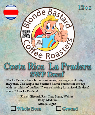 Coffee label for Costa Rica La Pradera SWP Decaf from Blonde Bastard Coffee Roasters with cartoon character and product details.