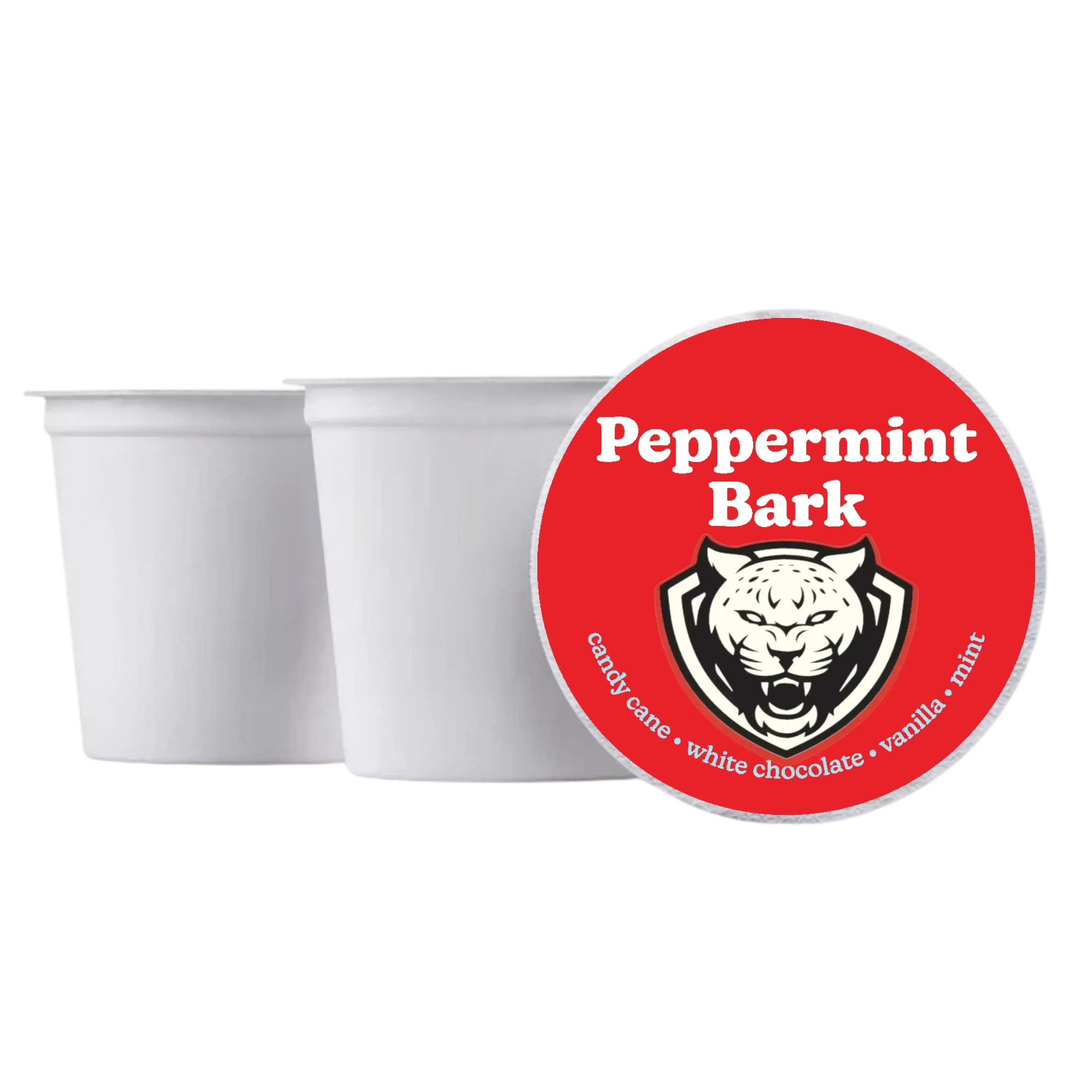 Two white containers with a red 'Peppermint Bark' label featuring a tiger design on a white background.