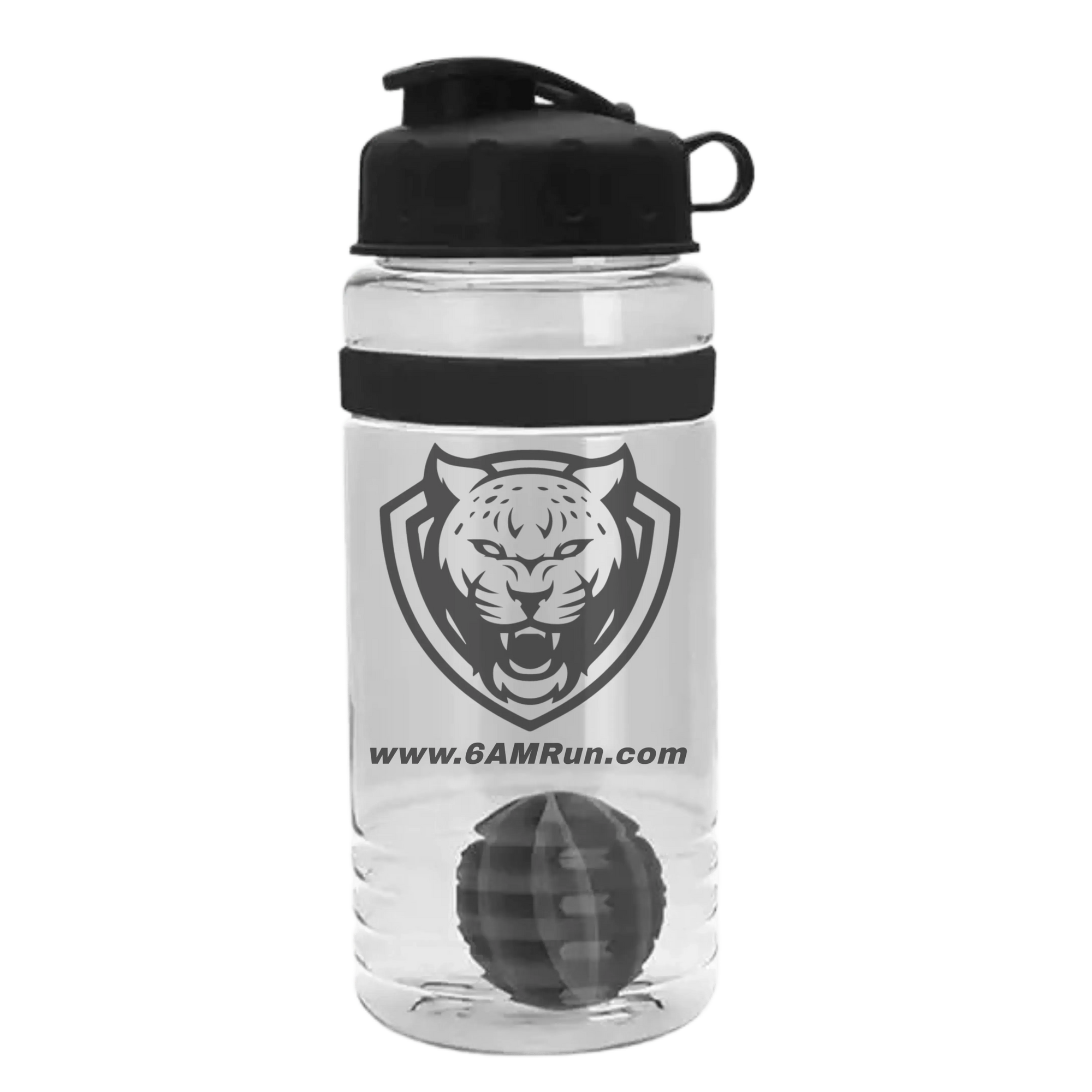 Clear water bottle with black tiger logo and '6AMRun.com' text on a white background