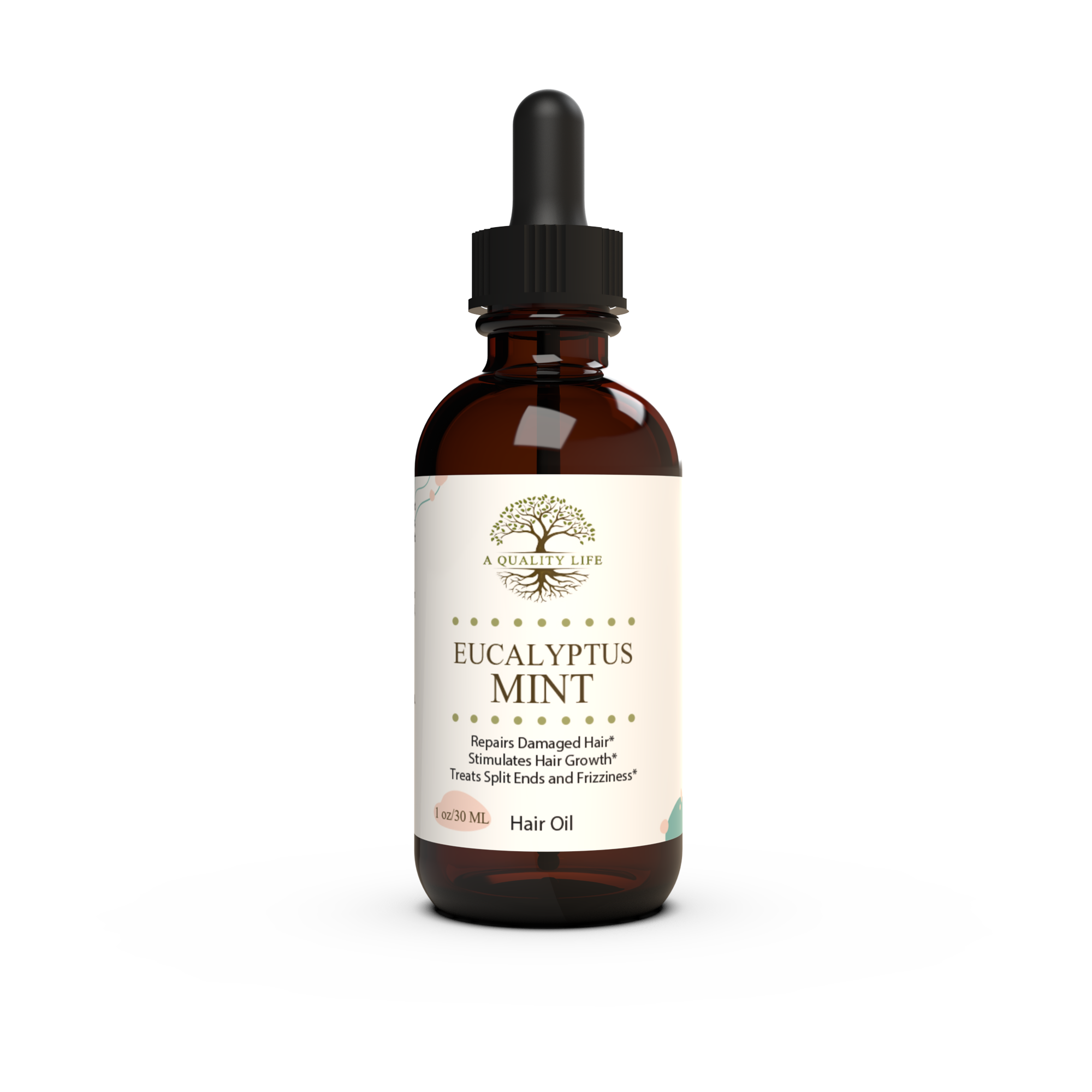 Bottle of Eucalyptus Mint hair oil with a dropper on a white background