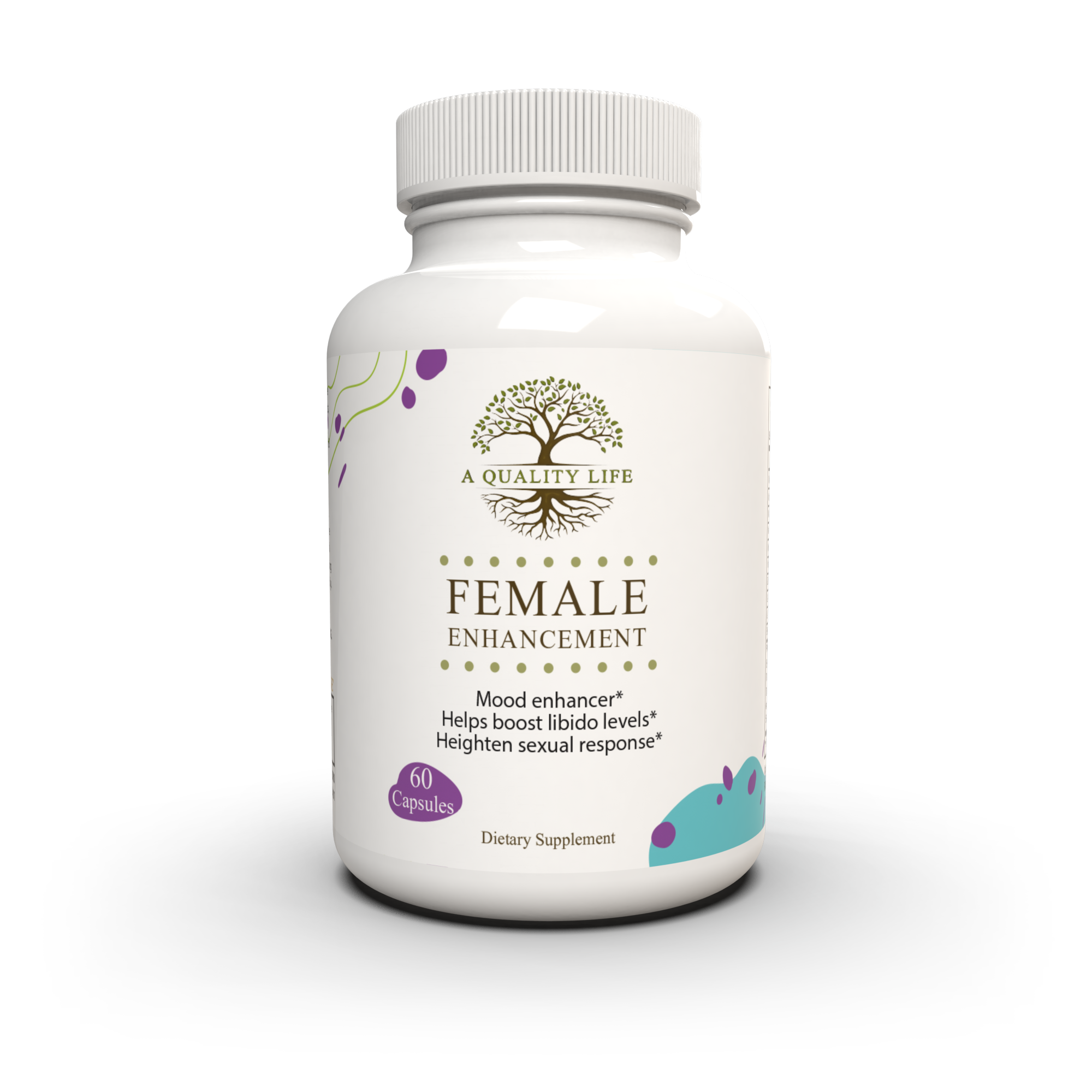 Supplement bottle labeled 'Female Enhancement' by 'A Quality Life' on a white background