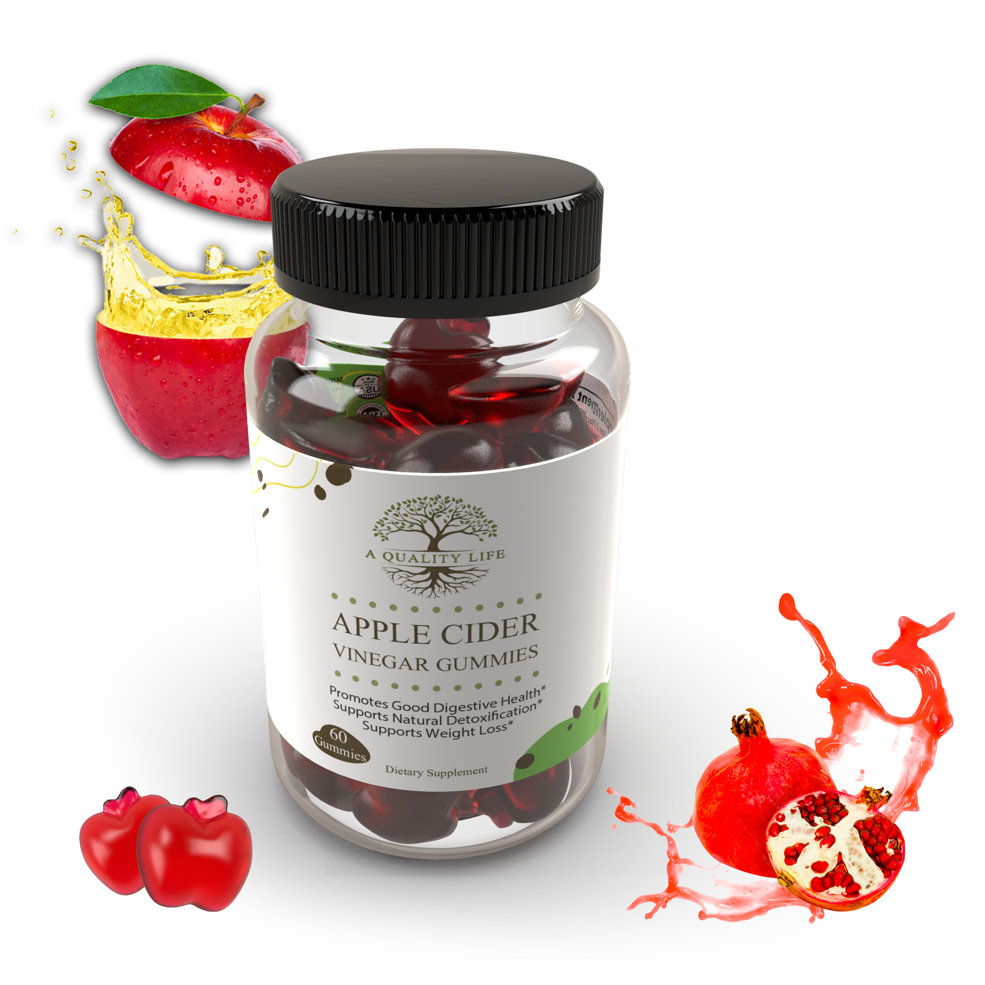 Bottle of Apple Cider Vinegar Gummies with apple and pomegranate graphics on a white background