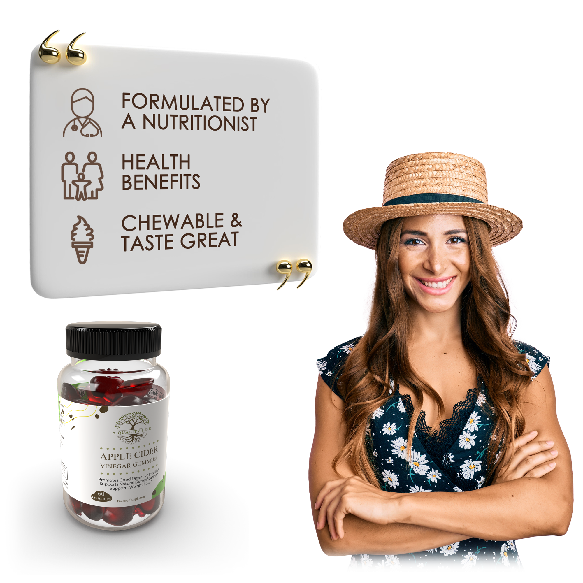 Woman wearing a straw hat with a jar of chewable vitamins and a sign about health benefits on a white background.
