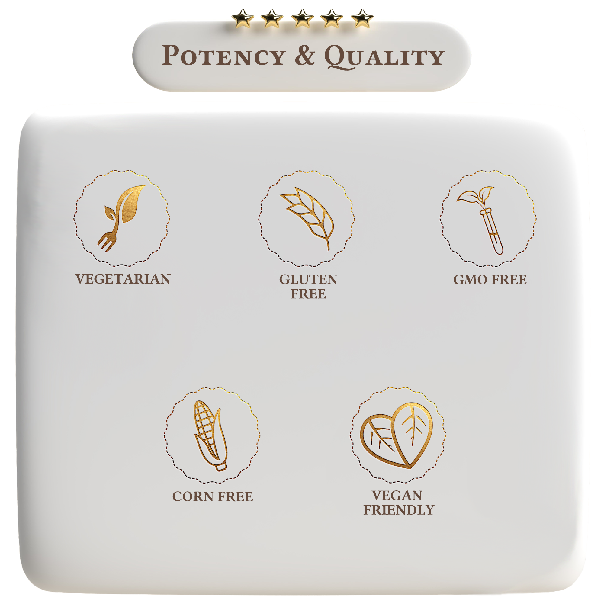 Product packaging with icons and text indicating 'Potency & Quality' features on a white background.