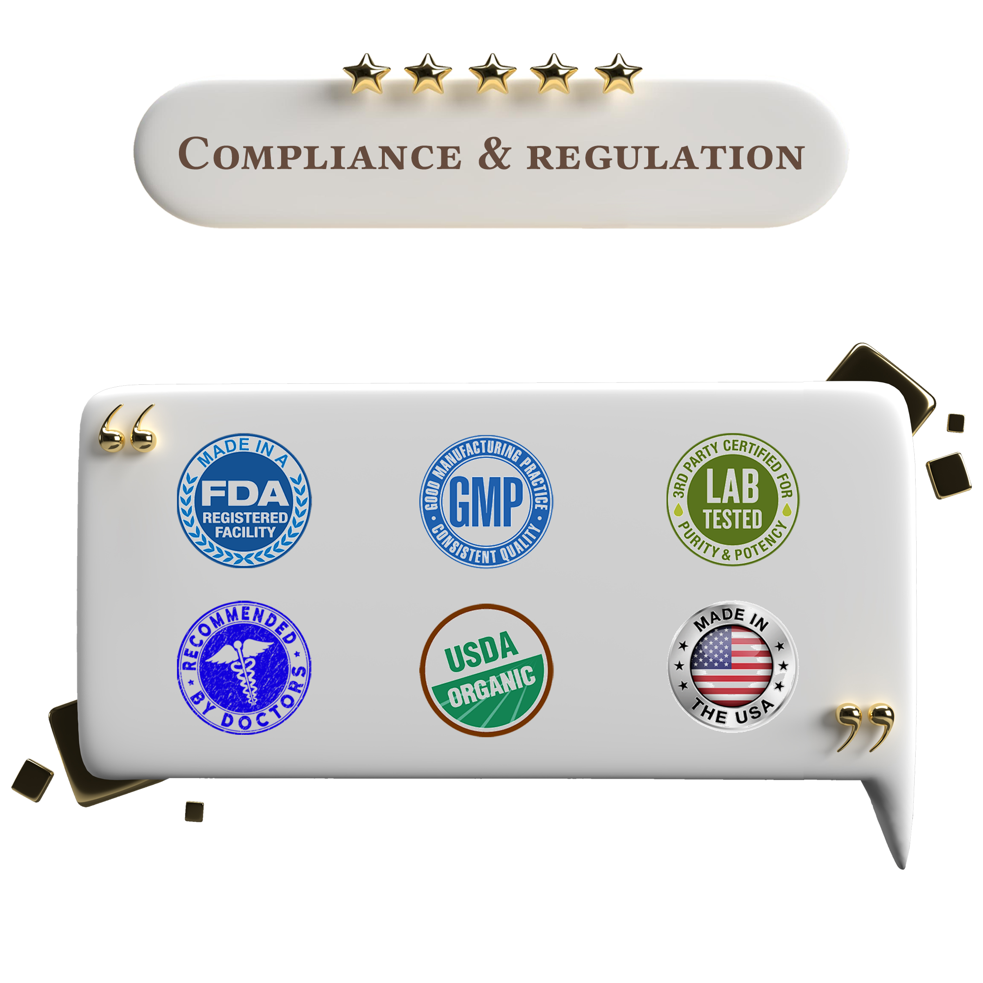 Product with compliance and regulation logos on a white background