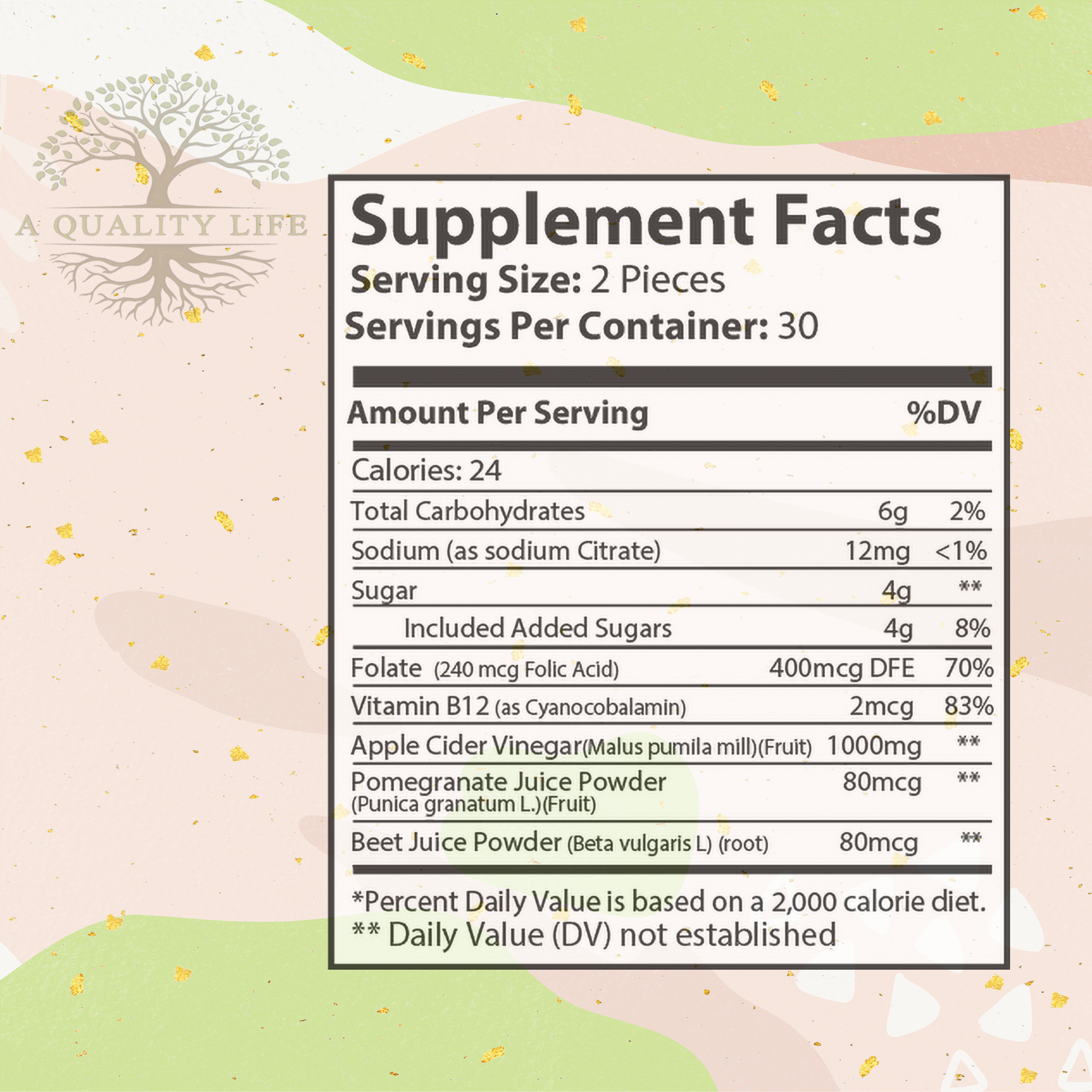 Supplement facts label with a brand logo on a light background