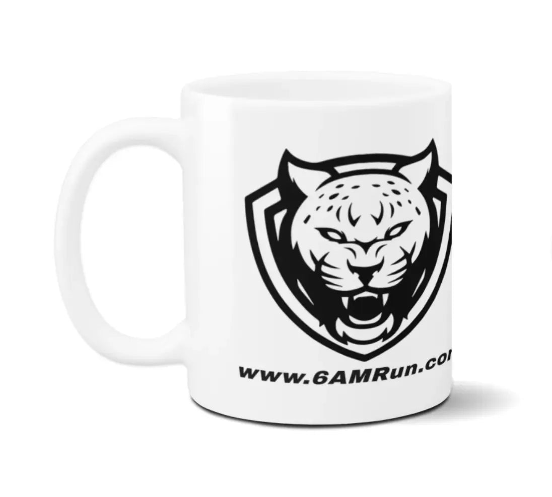 White mug with a black tiger logo and 'www.6AMRun.com' text on a white background