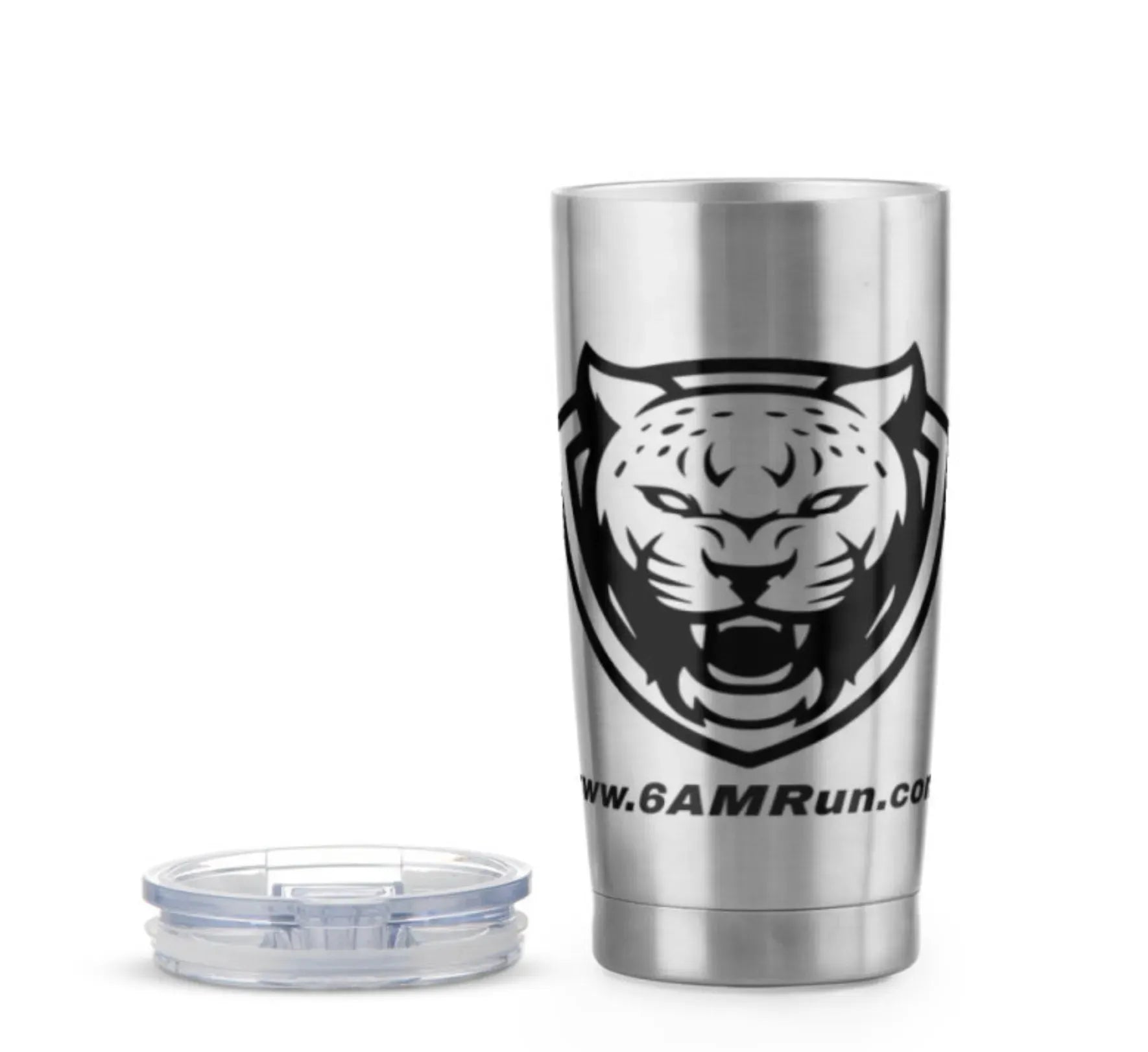 Silver tumbler with a black tiger logo and '6AM Run' text on a white background
