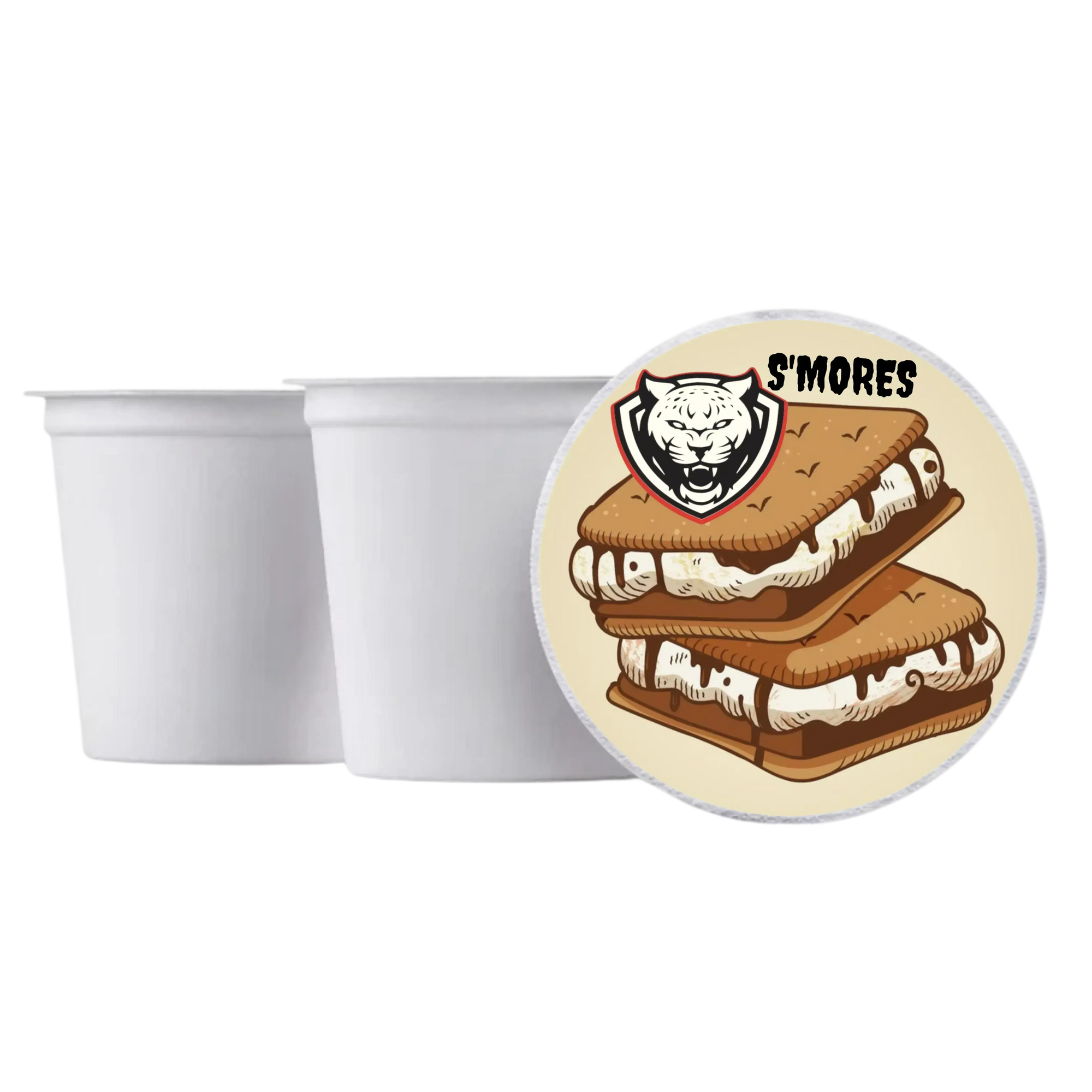 Two white containers with a 'S'mores' themed lid featuring a cartoon design.