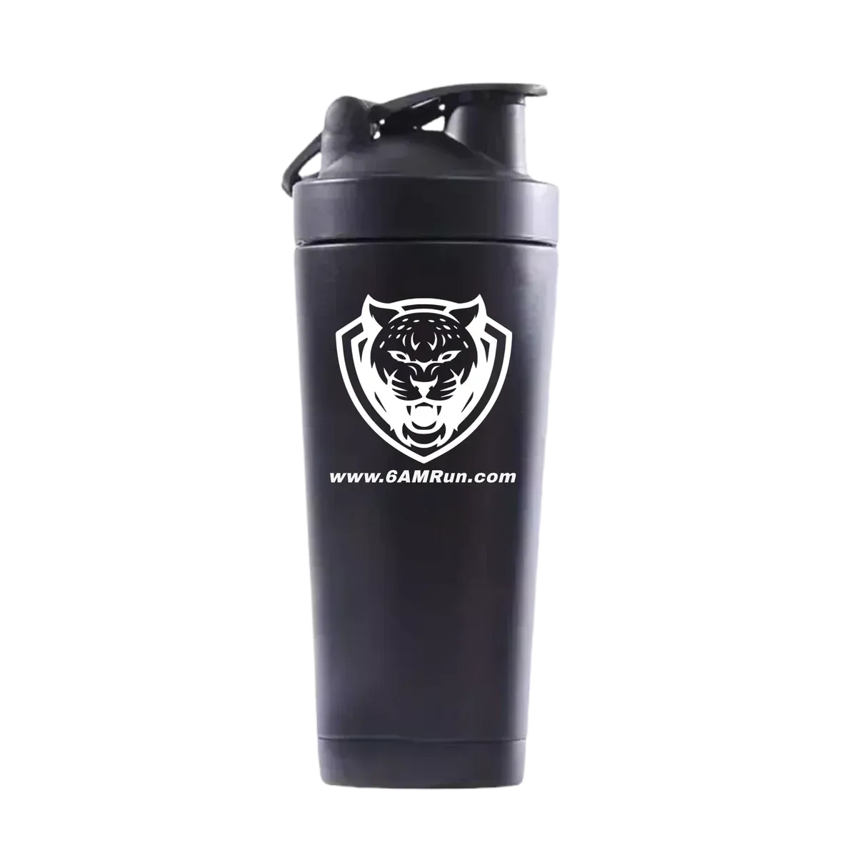 Black shaker bottle with a white logo and text on a white background