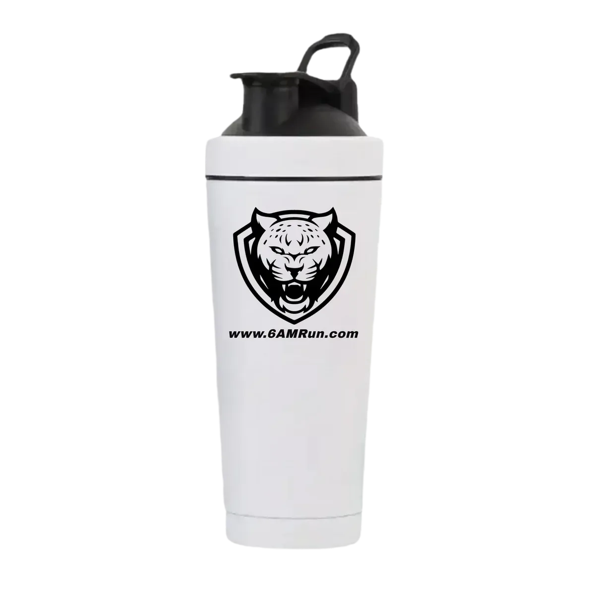 White shaker bottle with black tiger logo and 'www.6AMRun.com' text on a white background