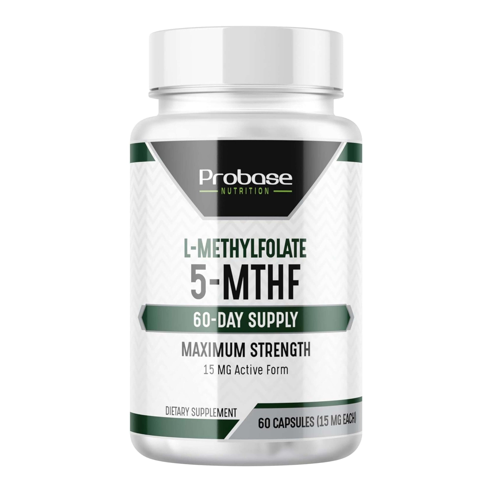 Supplement bottle labeled 'L-Methylfolate 5-MTHF' by Probase Nutrition on a white background