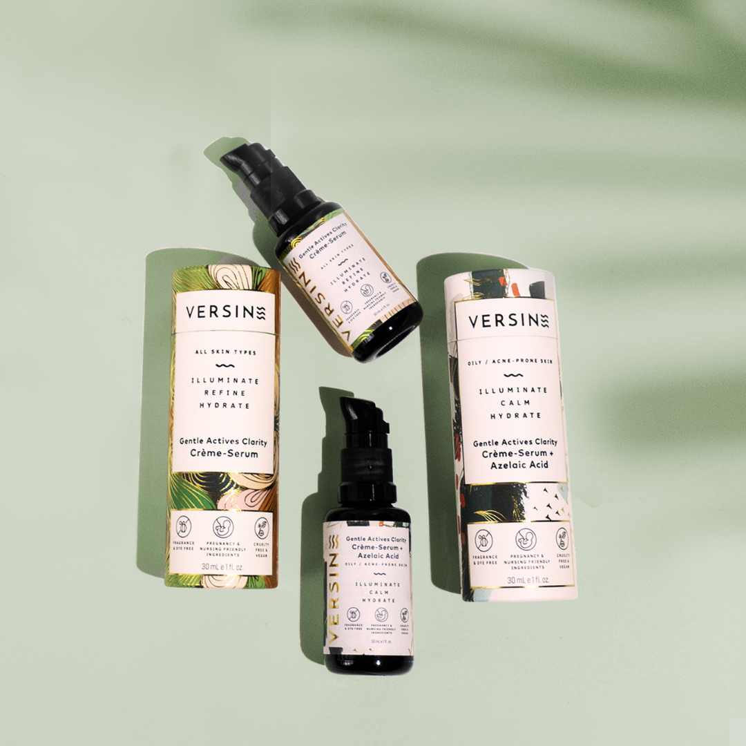 Versine skincare products on a green background