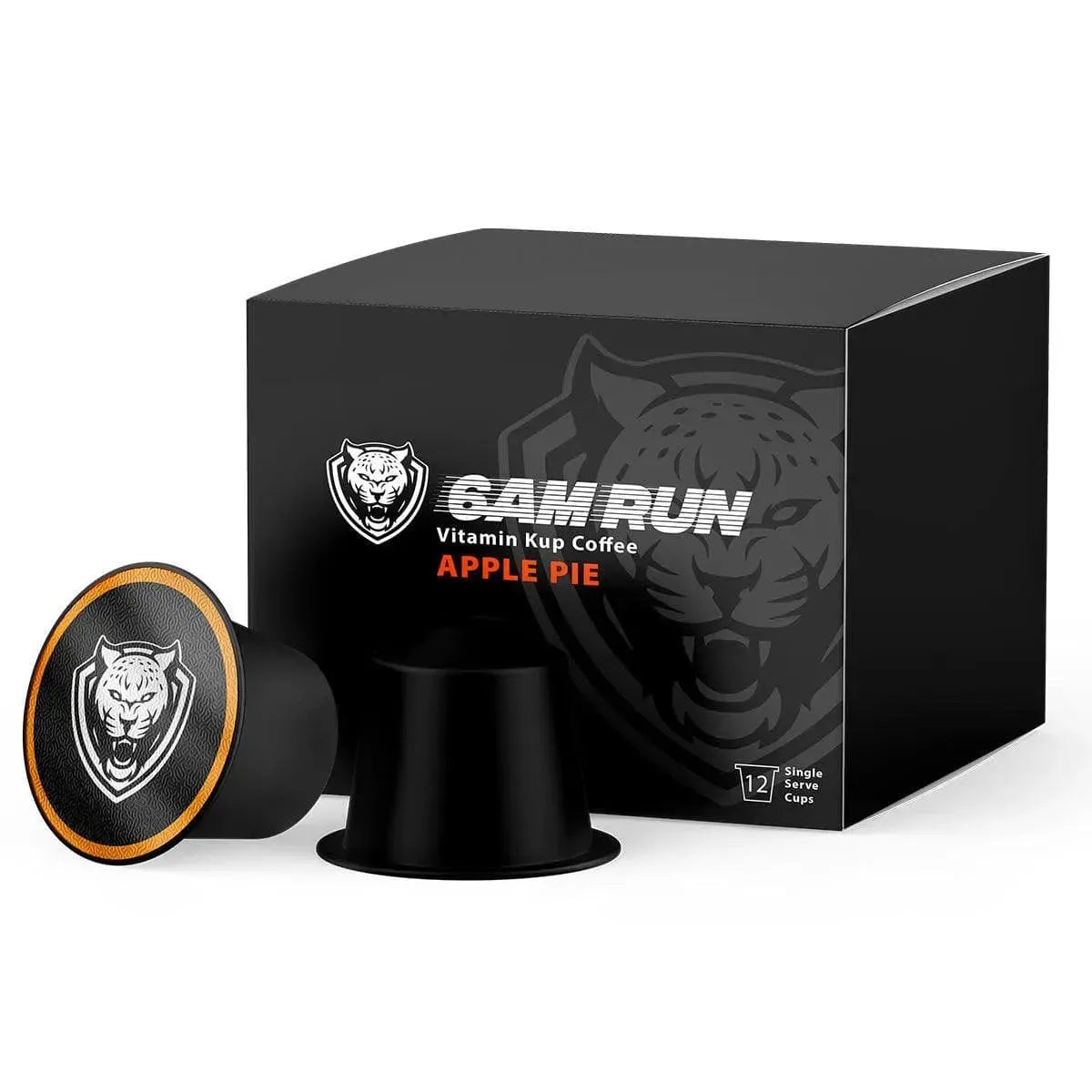 Black coffee cup sleeve with 'GAM RUN' logo and packaging on a white background
