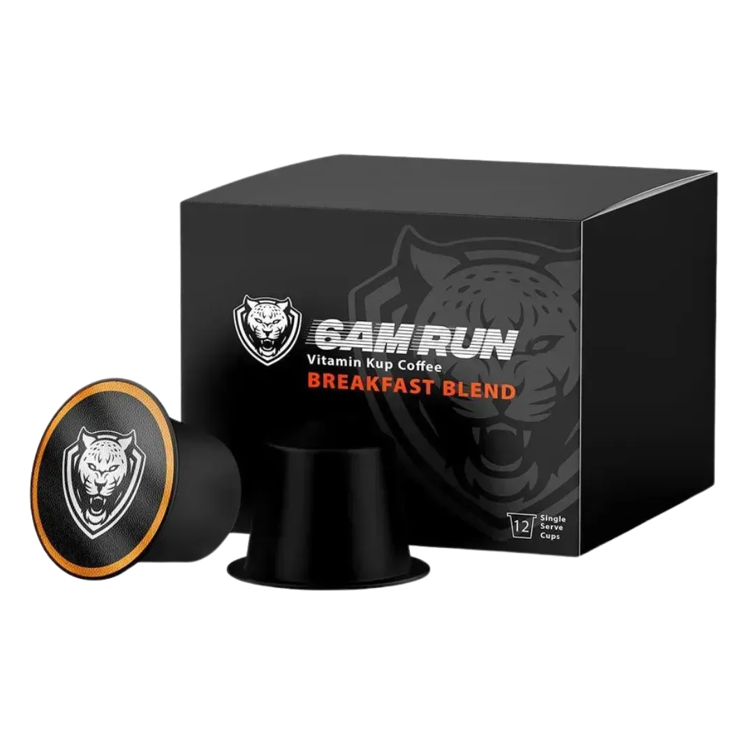 Black coffee pod and packaging with 'Sam Run' branding on a white background
