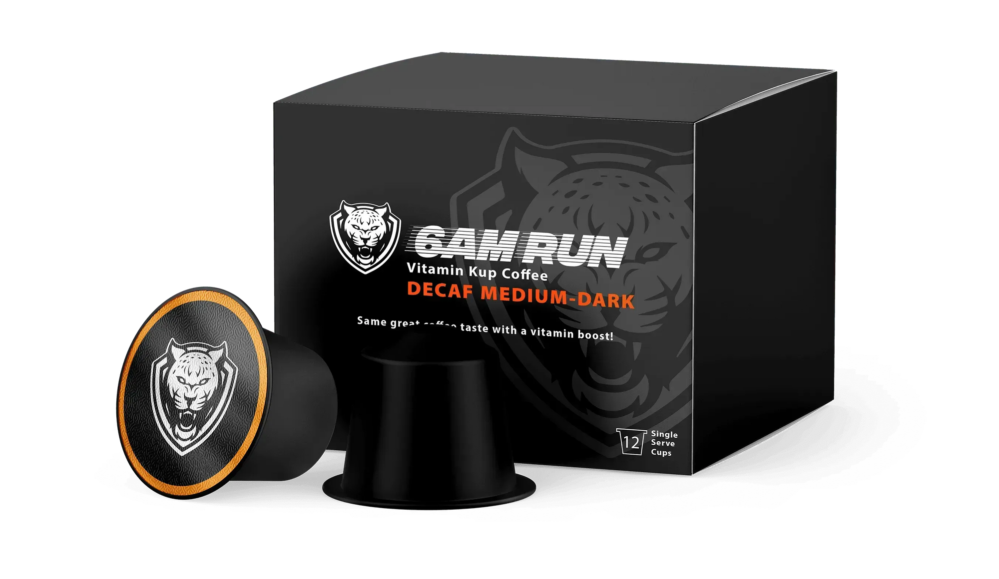 Black coffee pod and packaging with '6AM Run' branding on a white background