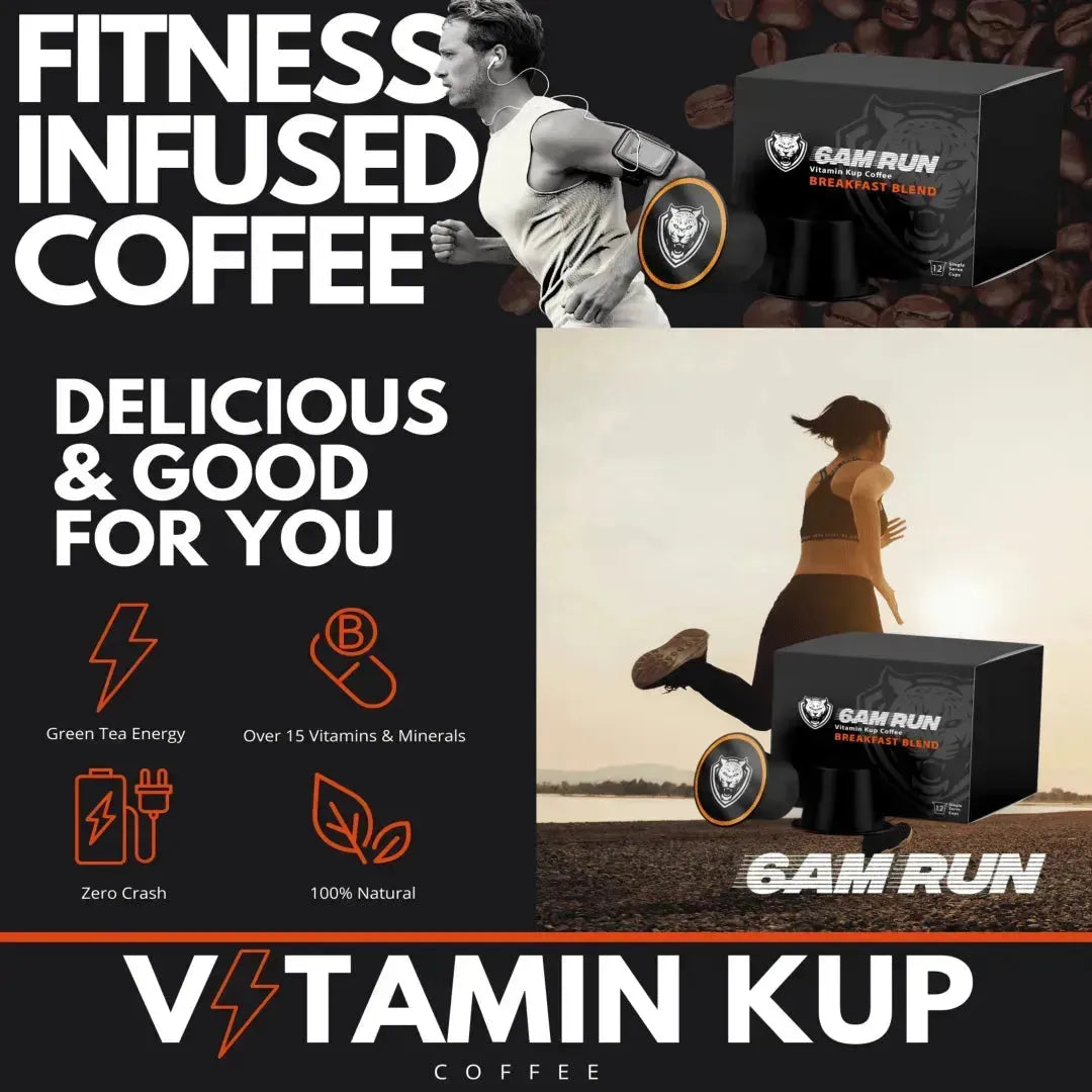 Advertisement for Vitamin Kup coffee with text and images of people exercising, featuring the brand '6AM Run'.
