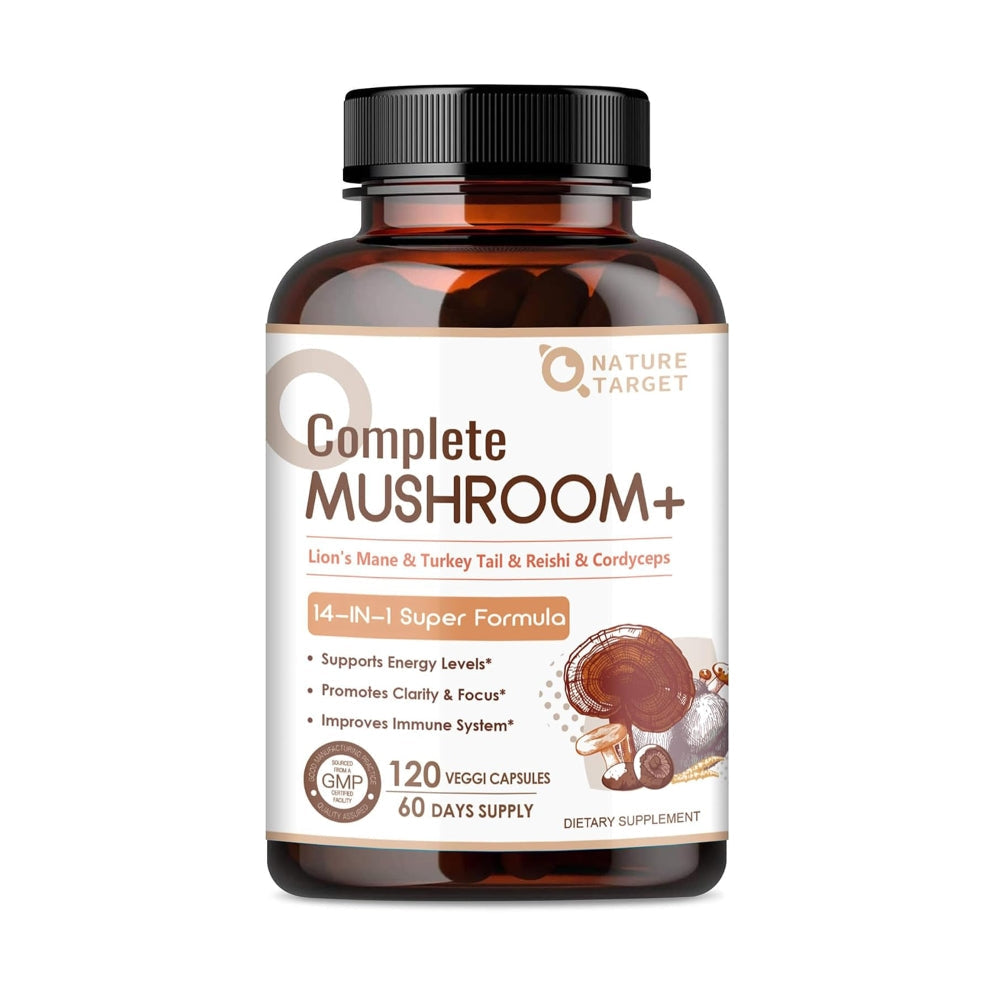 Supplement bottle labeled 'Complete Mushroom+' by Nature Target on a white background