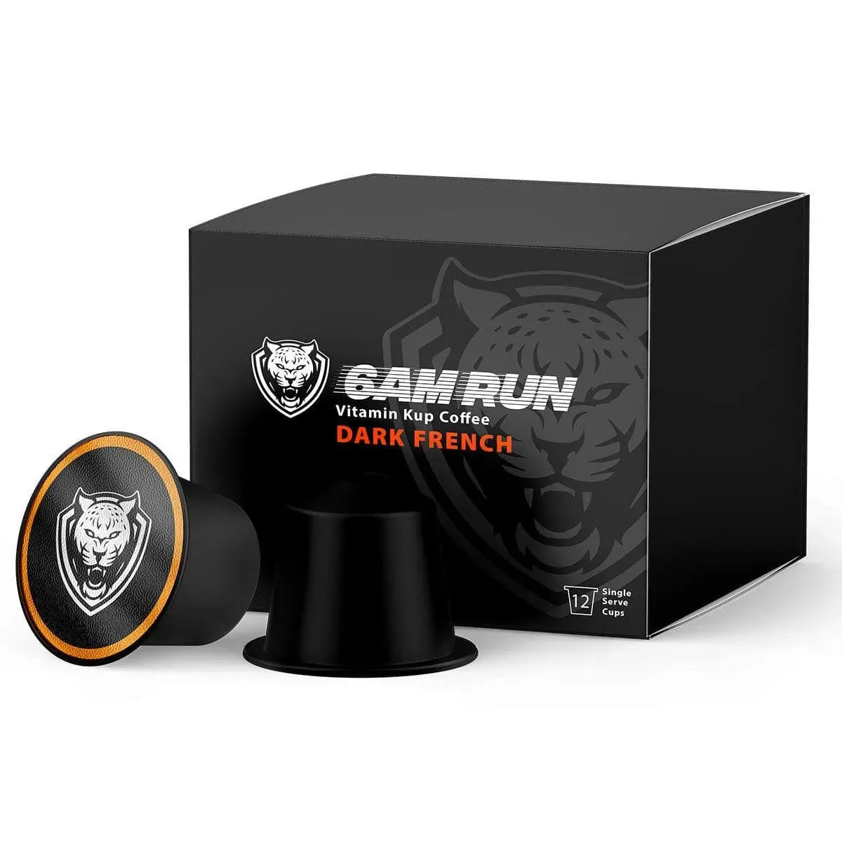 Black coffee capsule and packaging with 'Gam Run' branding on a white background