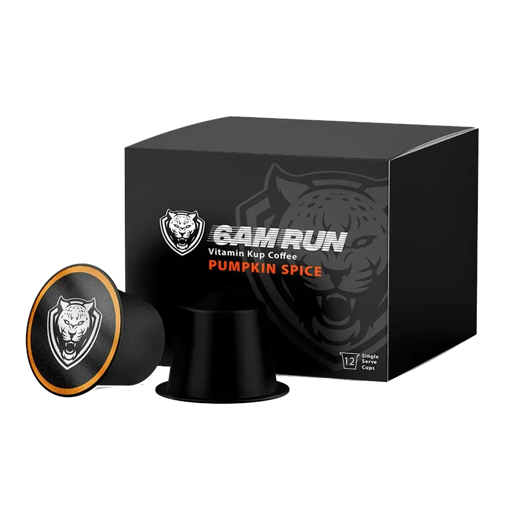 Black coffee cup sleeve with 'GAM RUN' logo and 'Pumpkin Spice' text on a white background