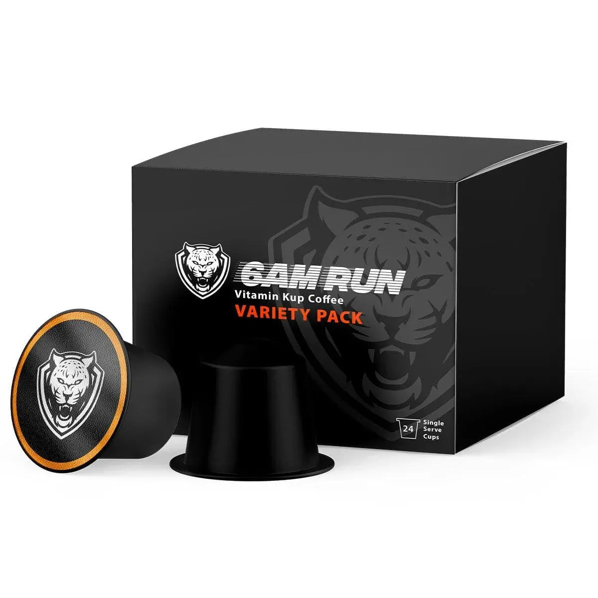 GAM RUN Vitamin Kup Coffee Variety Pack with black coffee pods on a white background