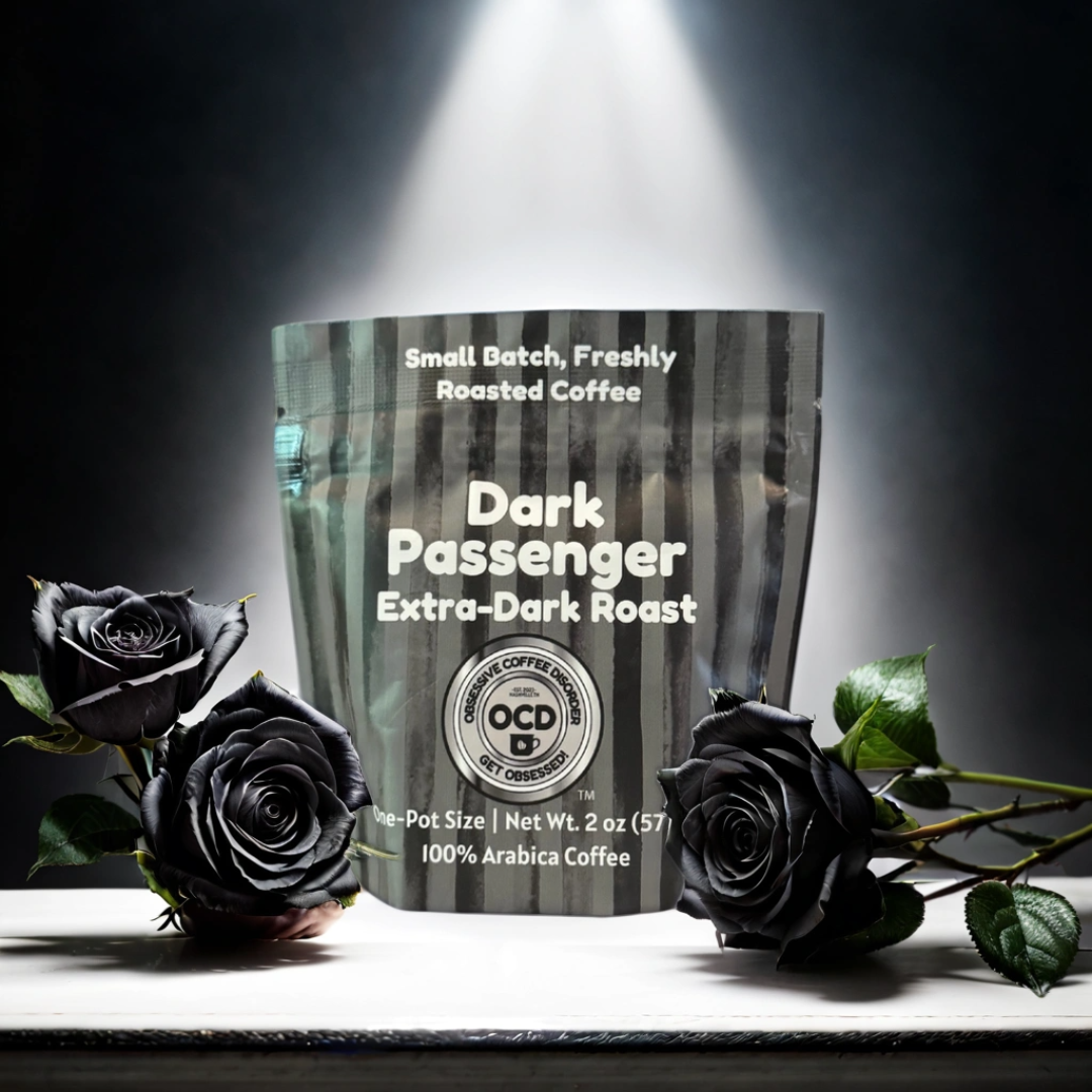 Coffee bag labeled 'Dark Passenger Extra-Dark Roast' with black roses on a dark background