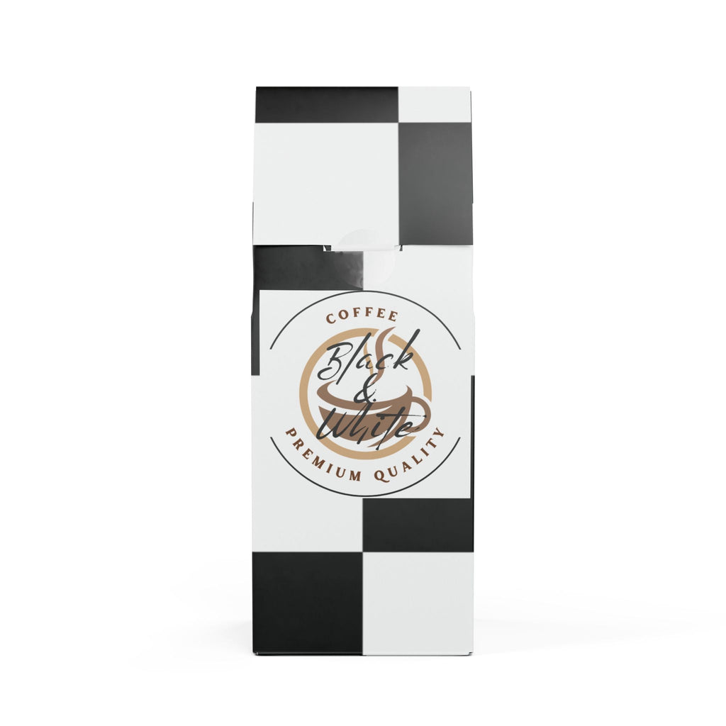 Coffee package with black and white checkered pattern and 'Black & White Coffee' branding.