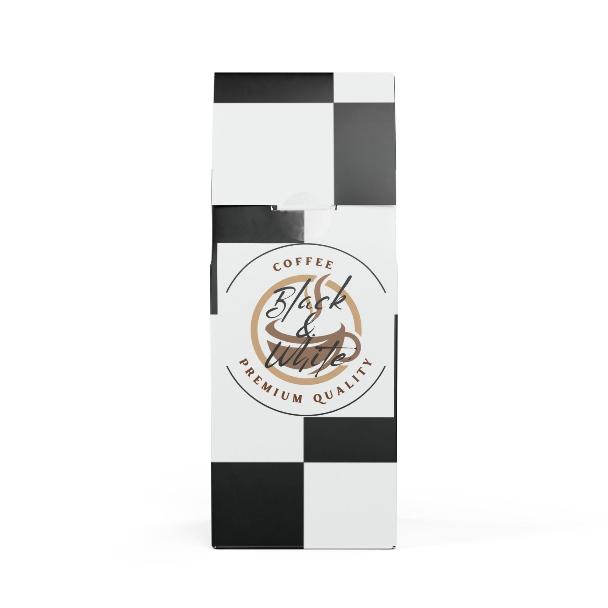 Coffee package with black and white checkered pattern and 'Black & White Coffee' branding.