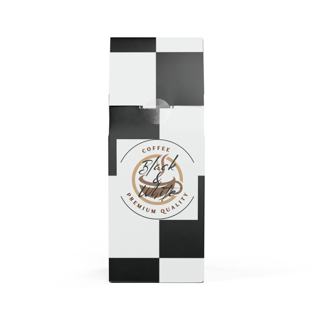Black and white checkered coffee packaging with 'Black & White Coffee' branding.