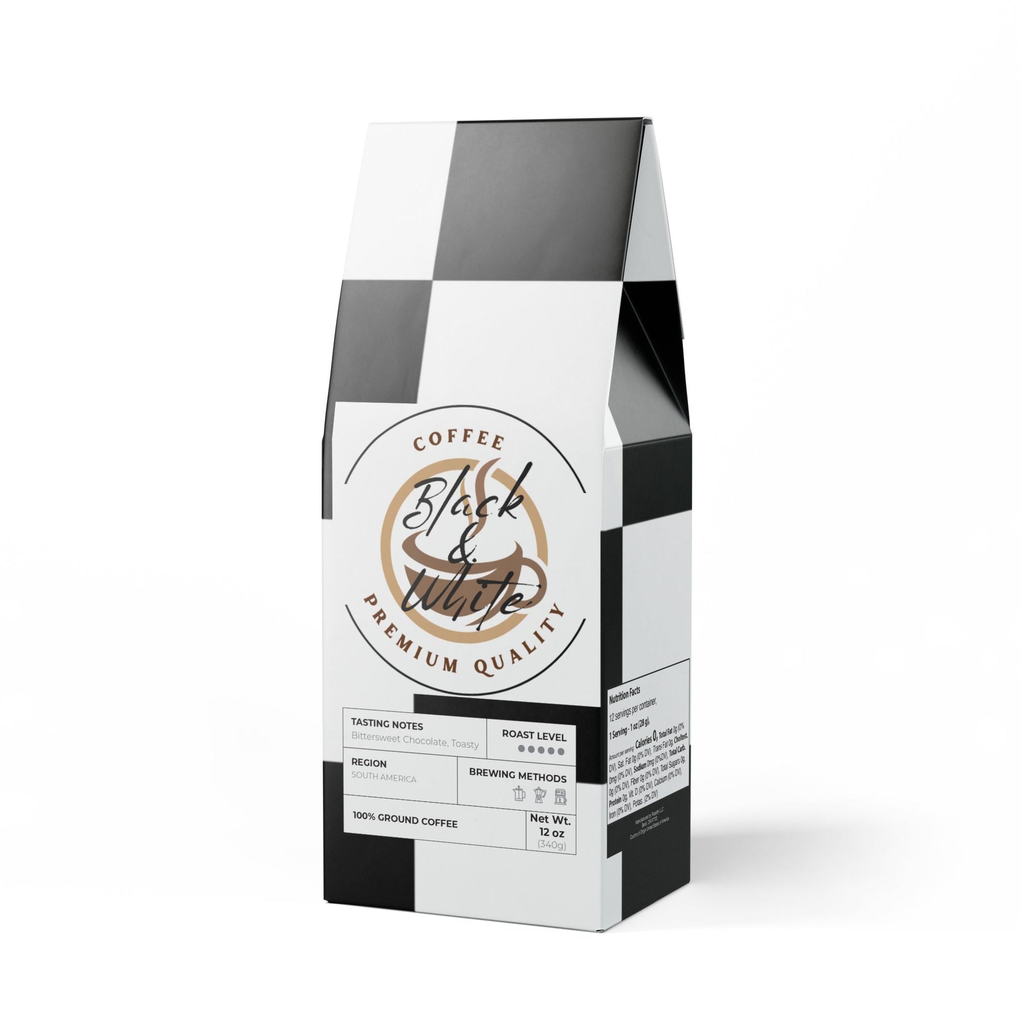 Coffee bag with 'Black & White' branding on a white background