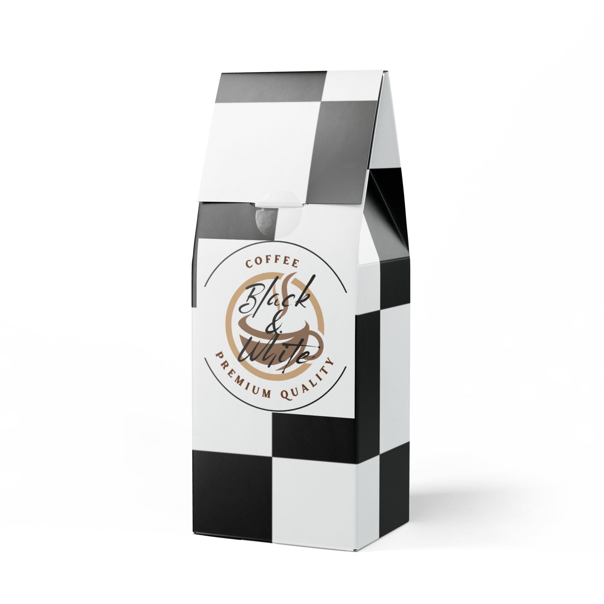Black and white coffee bag with 'Black & White Coffee' branding on a white background