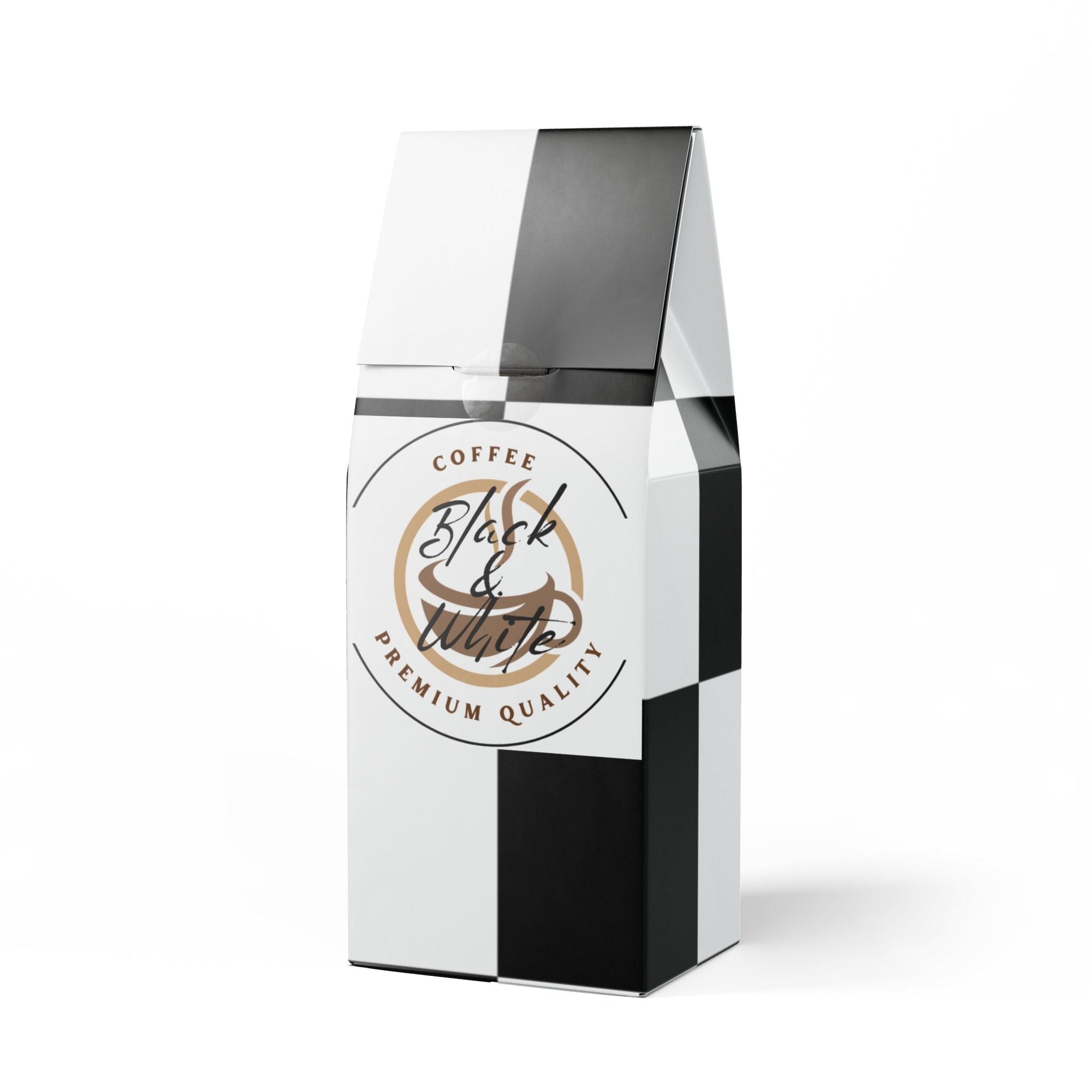 Coffee bag with 'Black & White' branding on a white background