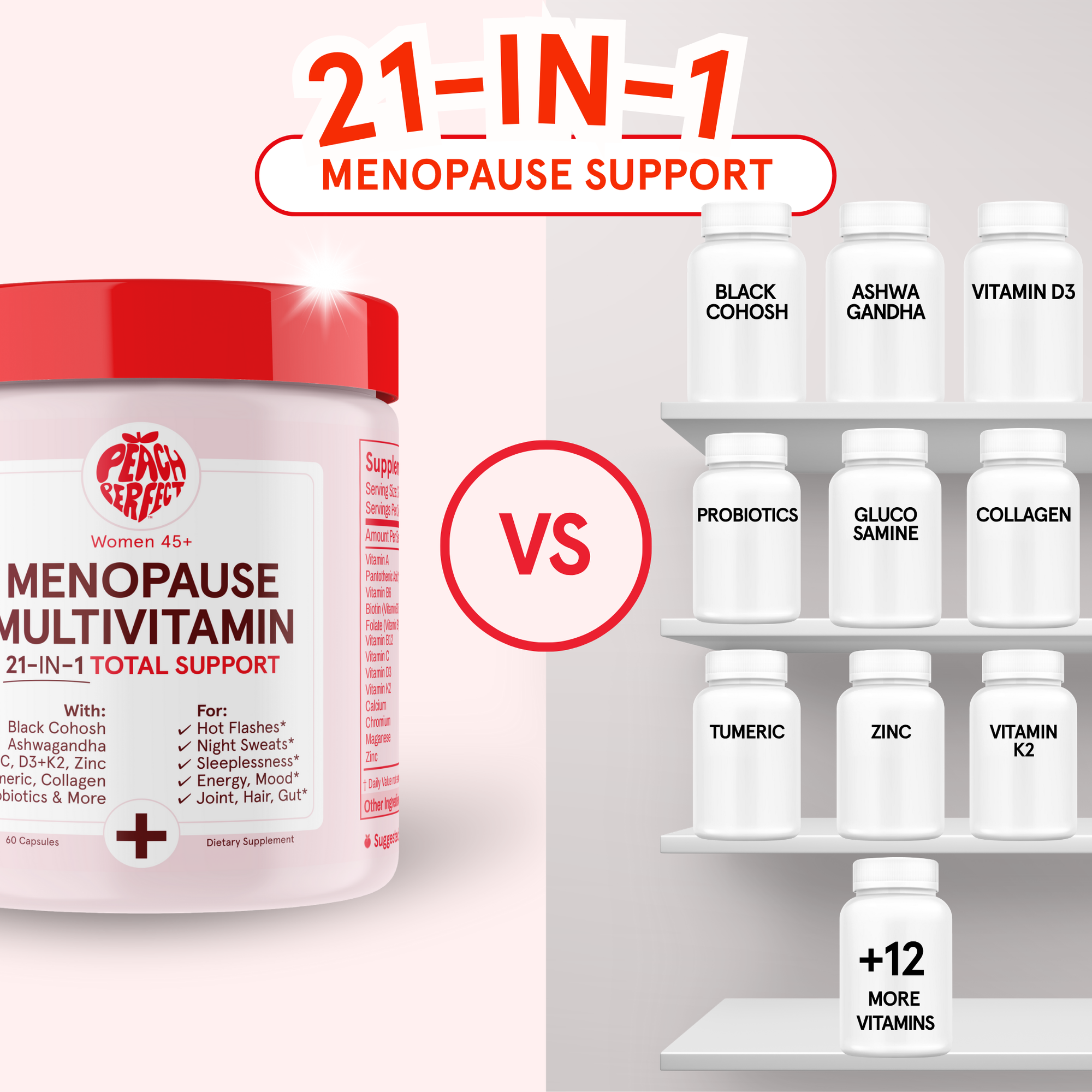 Menopause support product with vitamins on a shelf