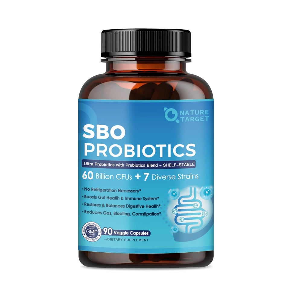 Bottle of SBO Probiotics with blue label on a white background