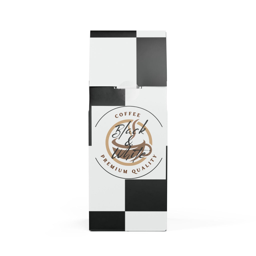 Black and white coffee packaging with a logo on a white background
