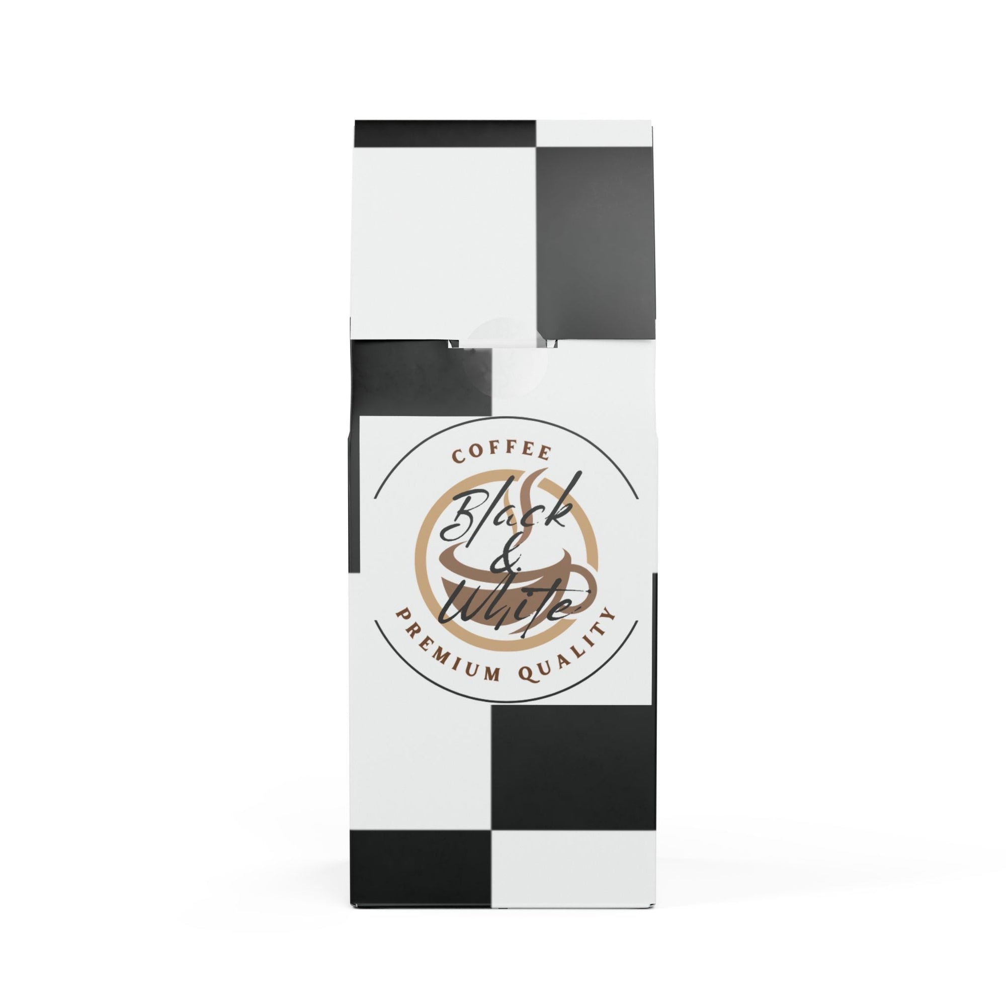Black and white coffee packaging with a logo on a white background