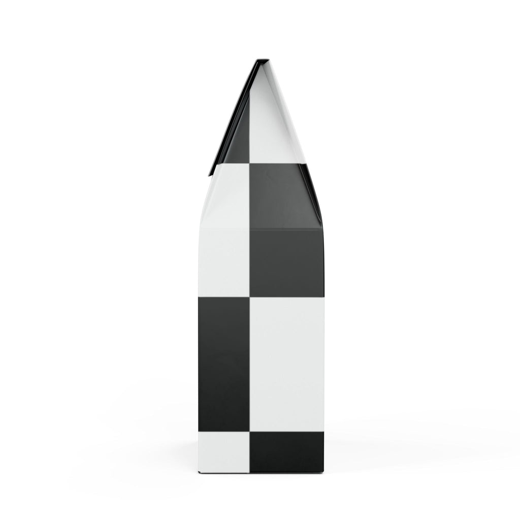 Checkered vase with black and white pattern on a white background