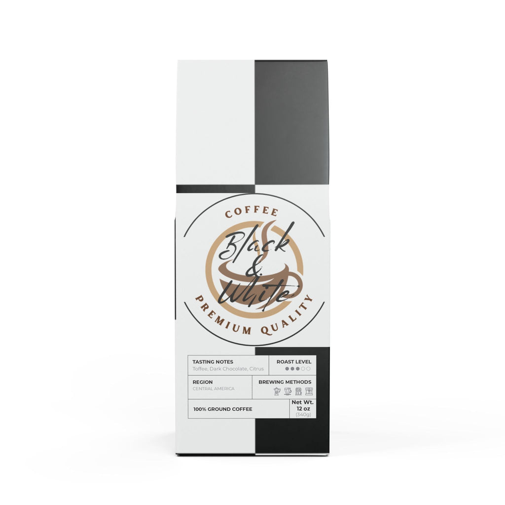 Coffee package with 'Black & White' branding on a white background
